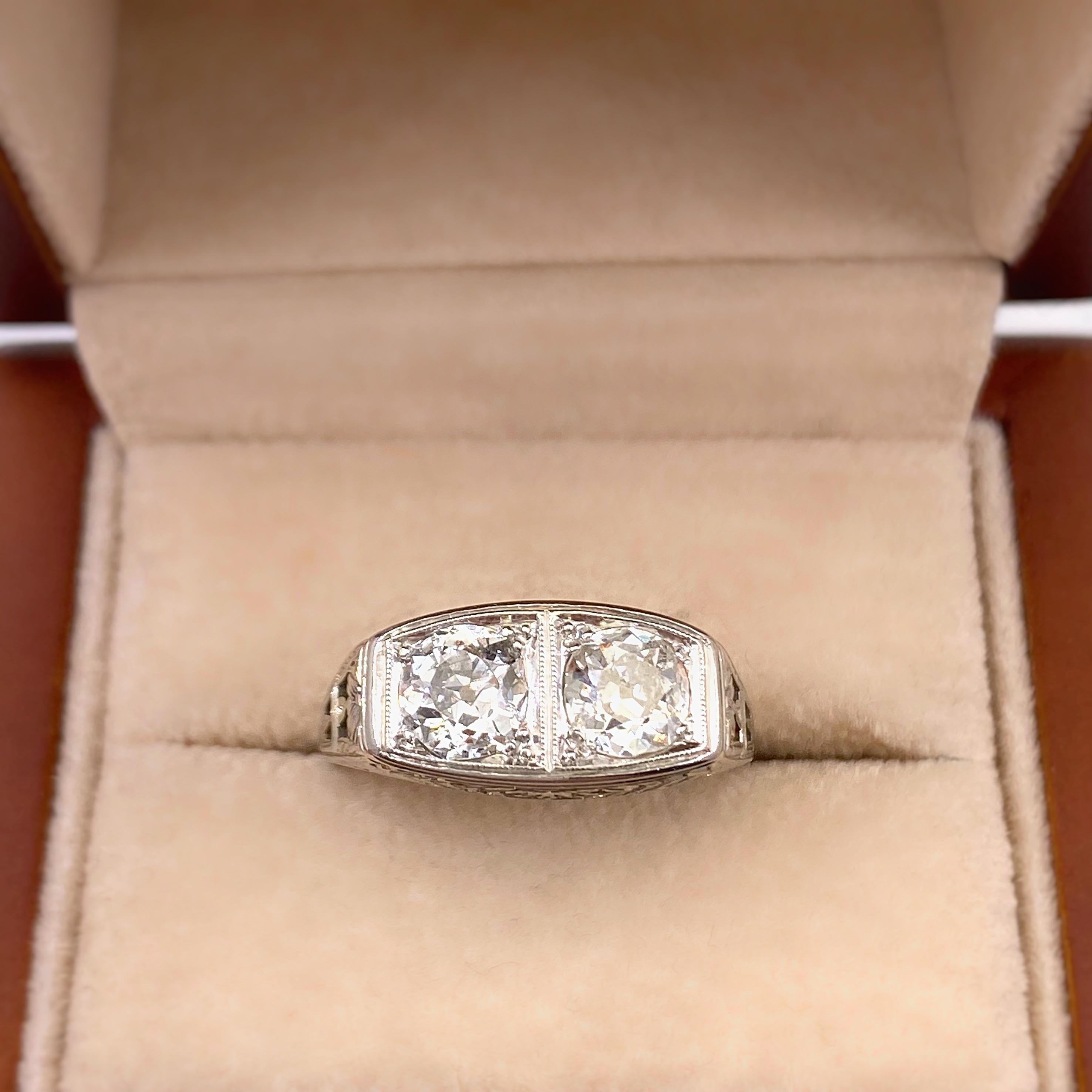 Women's Antique Art Nouveau Diamond Ring 1.25 Carat Old Mine Cut 18 Karat White Gold