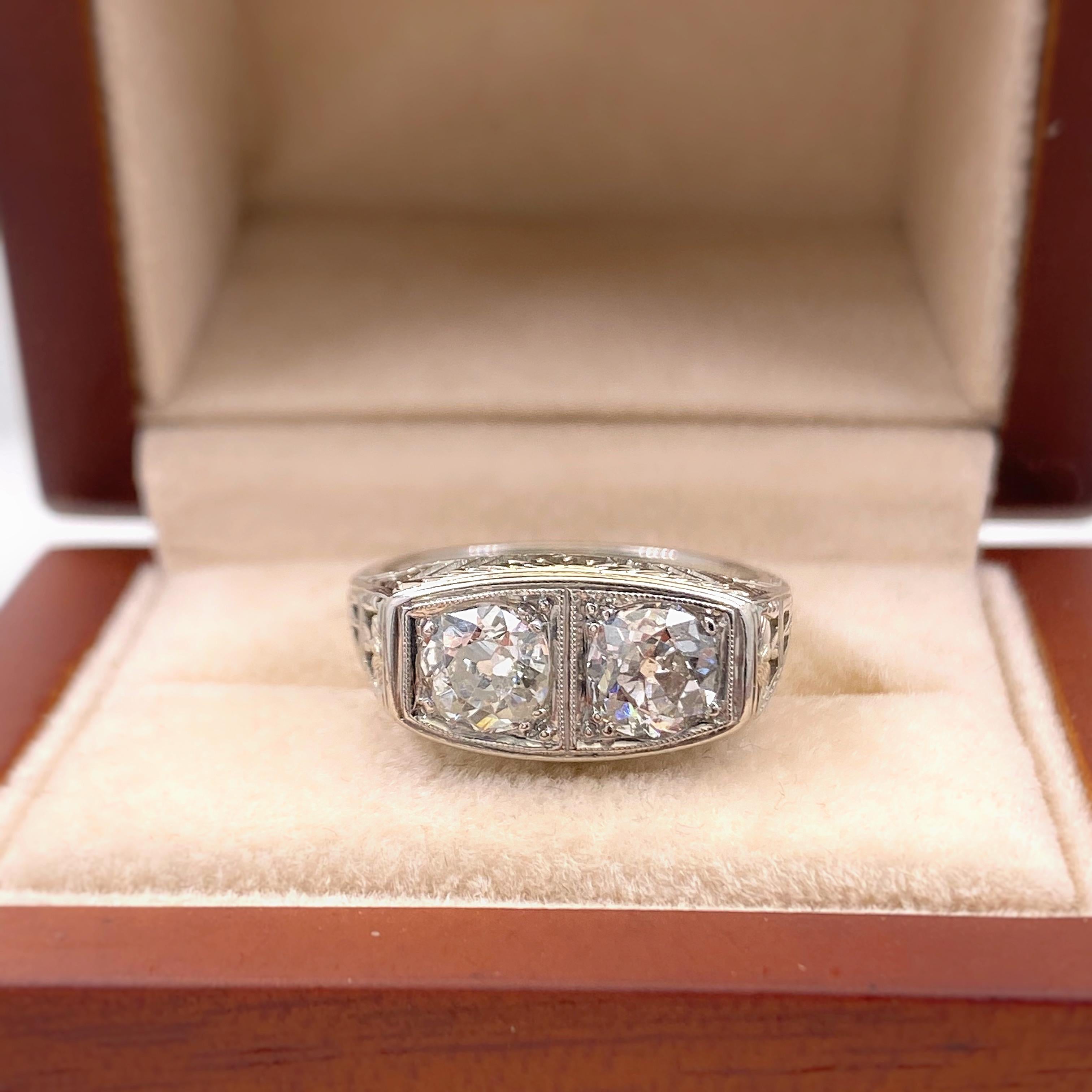 Antique Art Nouveau Diamond Ring 1.25 Carat Old Mine Cut 18 Karat White Gold 1
