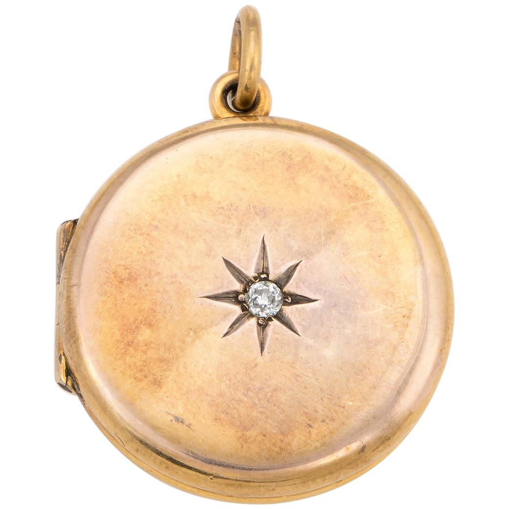 Antique Art Nouveau Diamond Round Picture Locket Vintage 10 Karat Yellow Gold