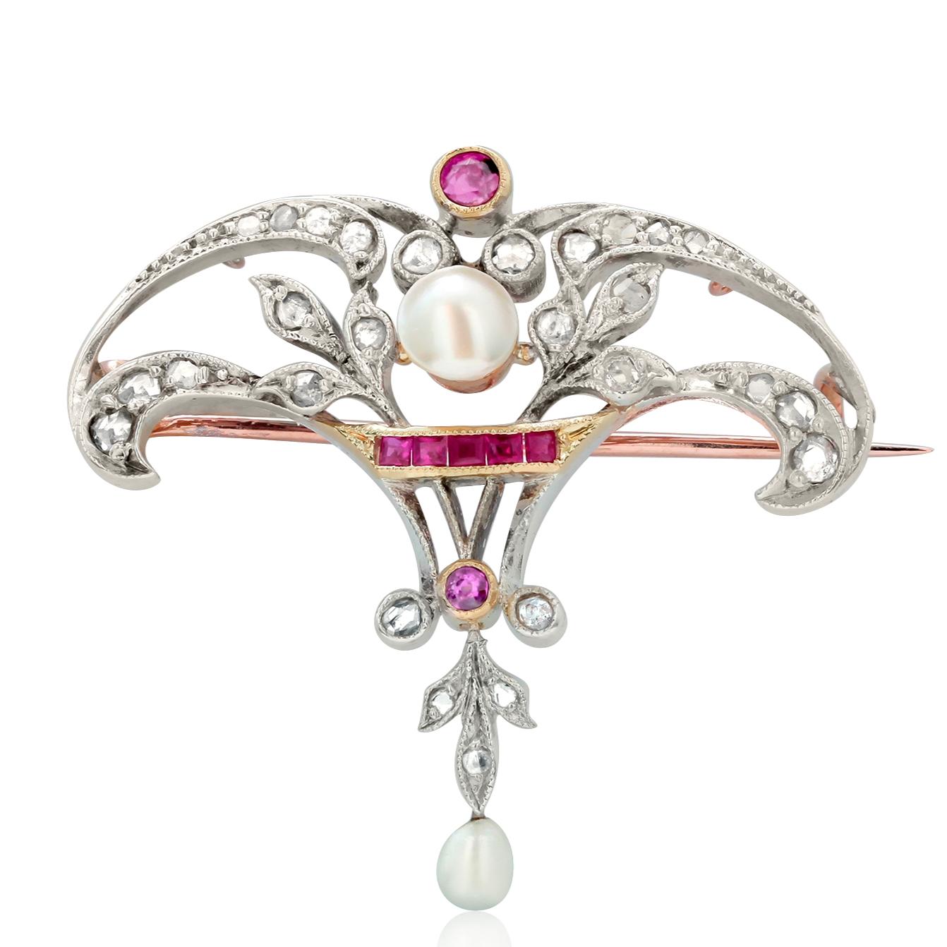 Women's or Men's Antique Art Nouveau Diamond Ruby and Pearl 18 Karat Gold Brooch