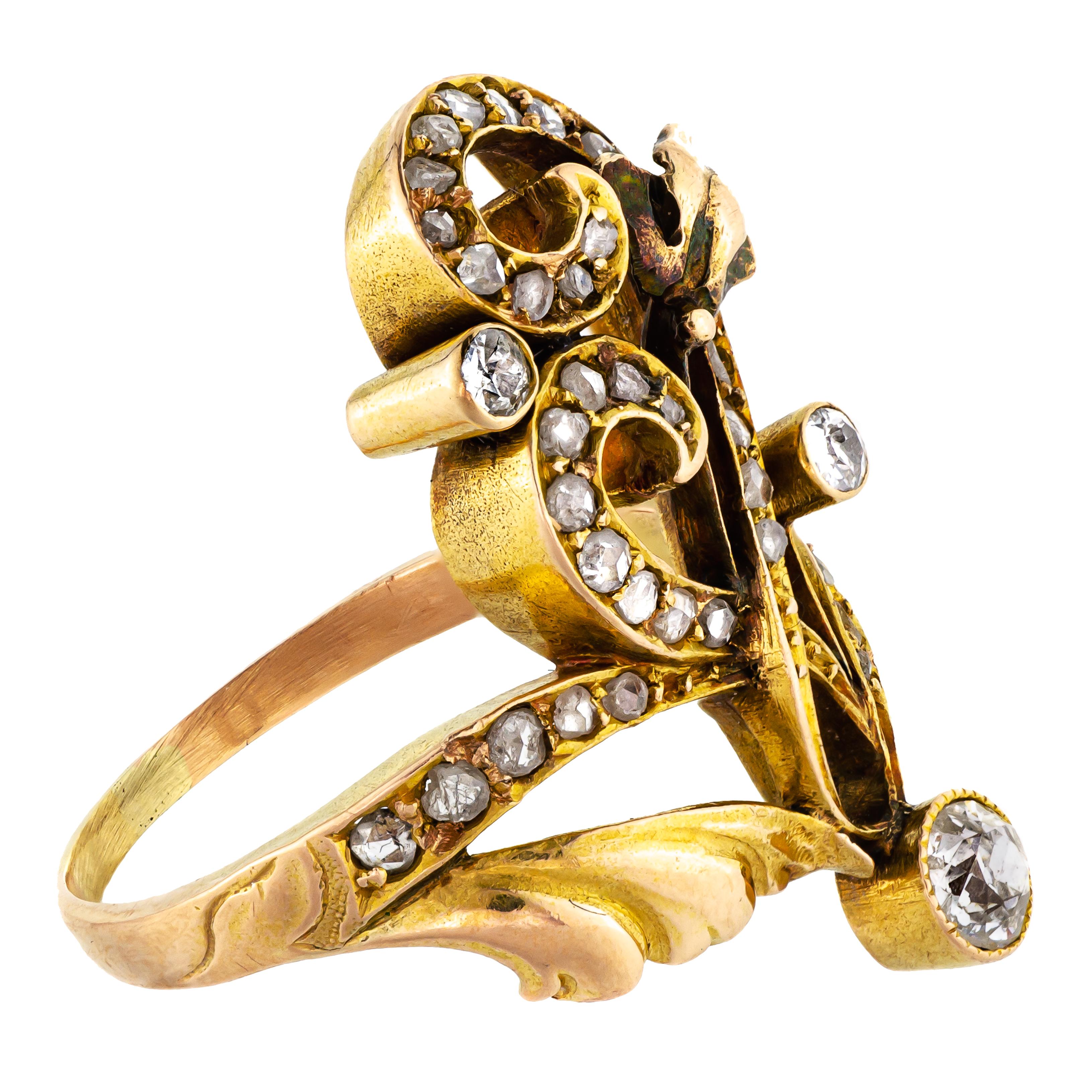 Antique Art Nouveau Diamond Yellow Gold Long Ring In Good Condition For Sale In Wheaton, IL