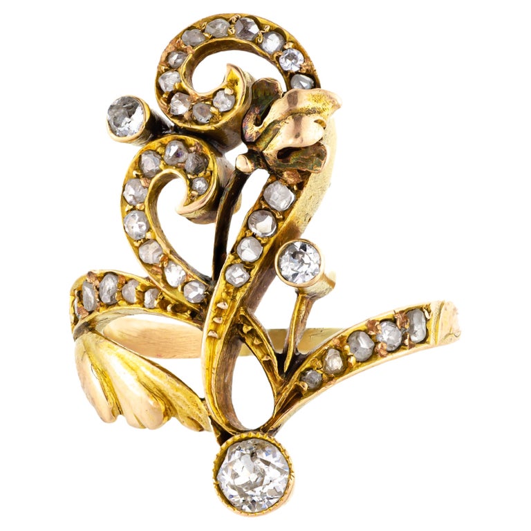 Bague Art Nouveau Fleur De Diamants - Or Jaune 14 Carats, Taille 49, Occasion Parfaite