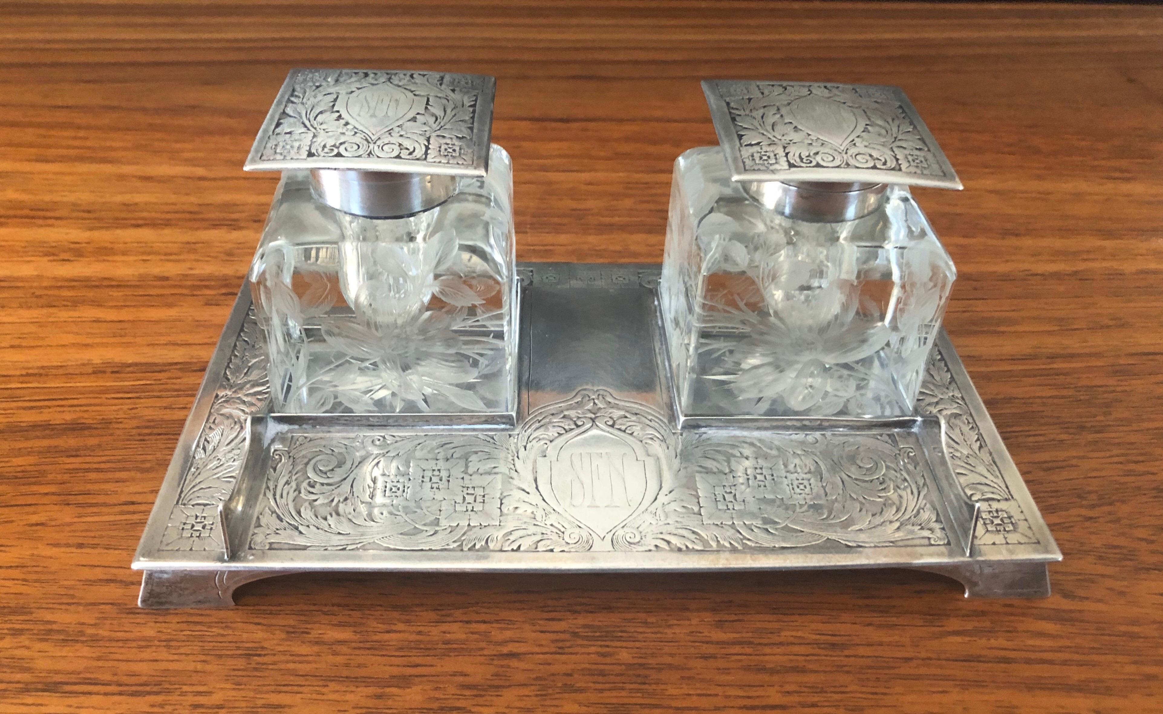 Antique Art Nouveau Double Inkwell on Sterling Silver Tray by J E Caldwell & Co. For Sale 6