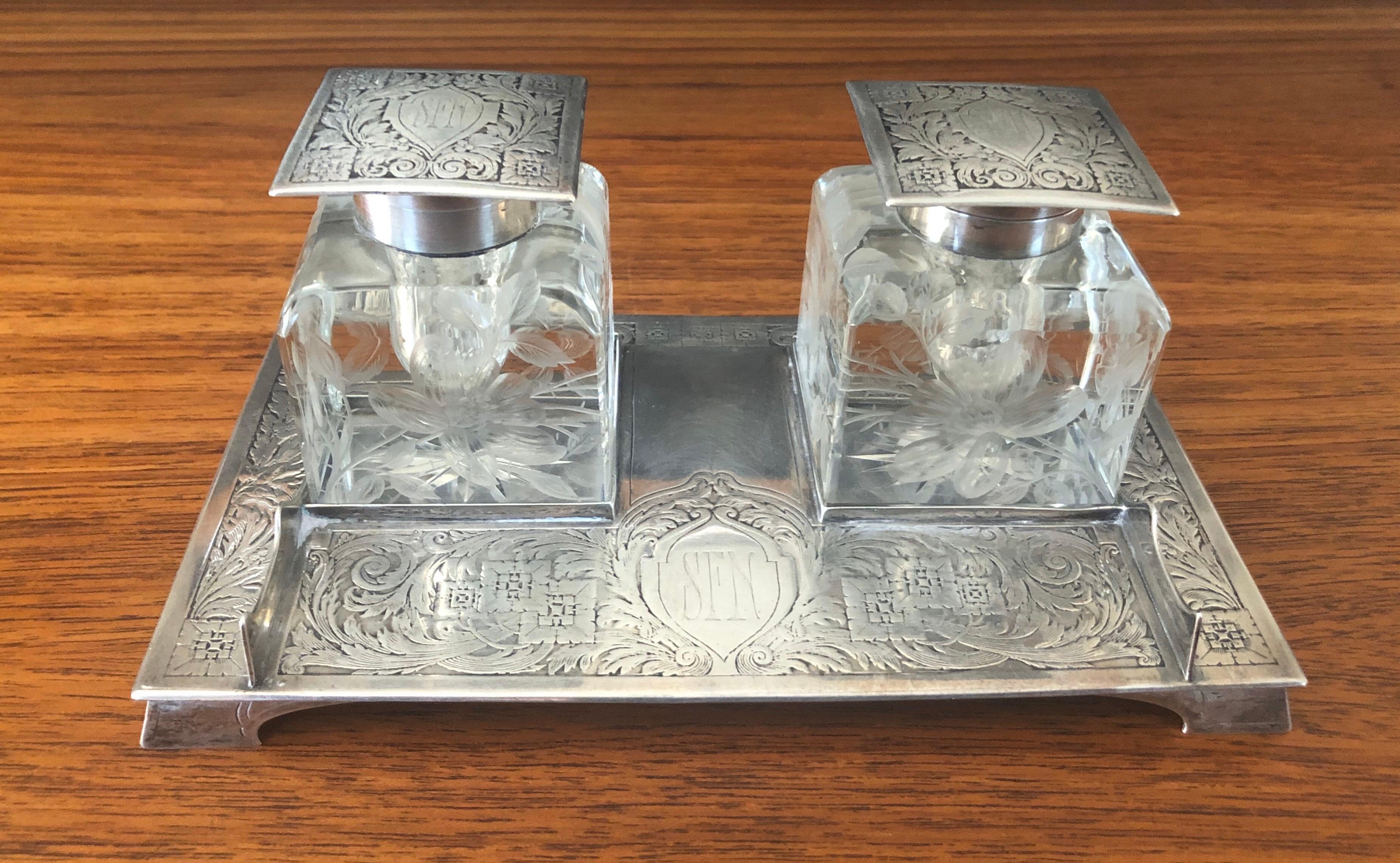 American Antique Art Nouveau Double Inkwell on Sterling Silver Tray by J E Caldwell & Co. For Sale