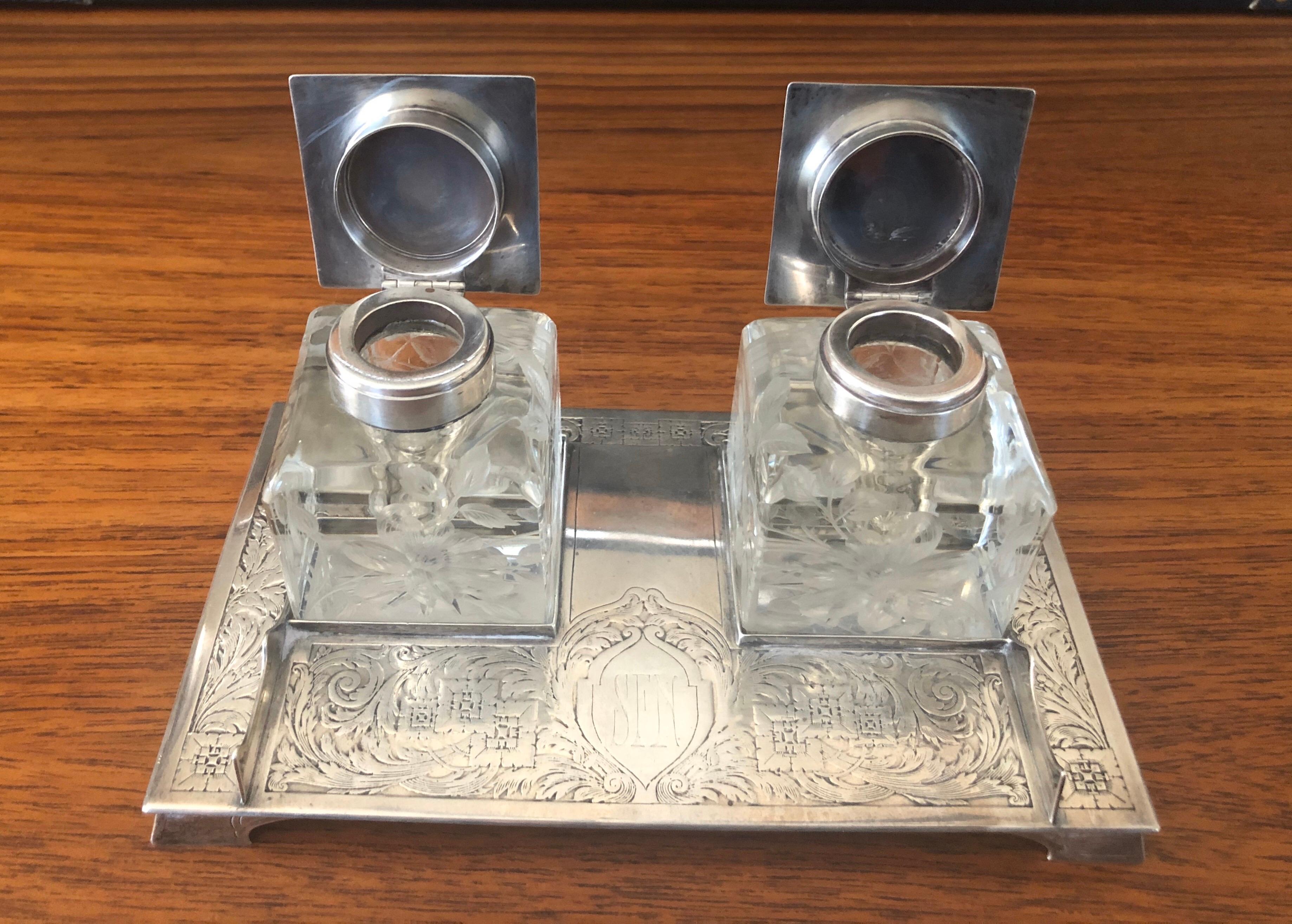 20th Century Antique Art Nouveau Double Inkwell on Sterling Silver Tray by J E Caldwell & Co. For Sale