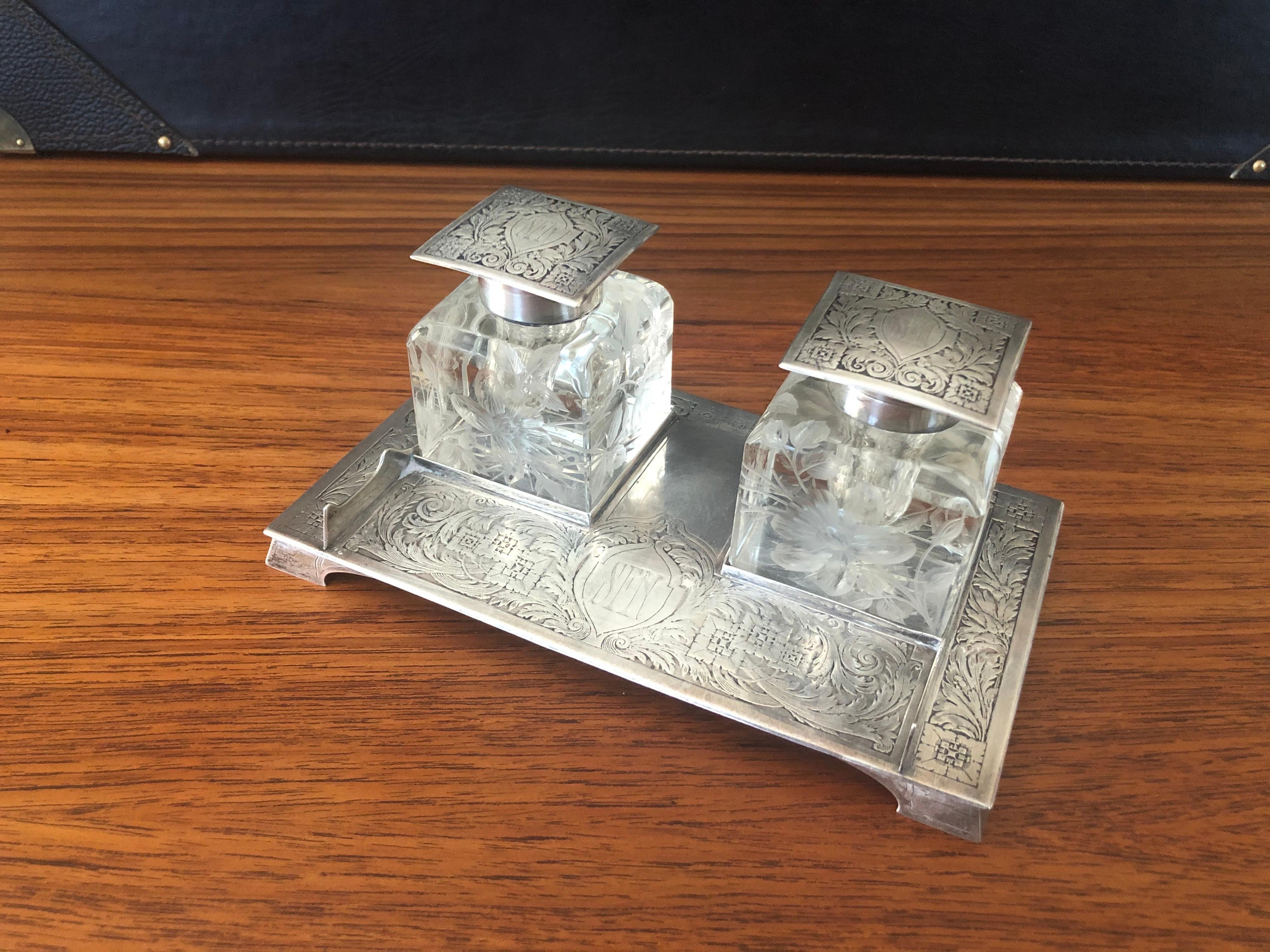 Antique Art Nouveau Double Inkwell on Sterling Silver Tray by J E Caldwell & Co. For Sale 1