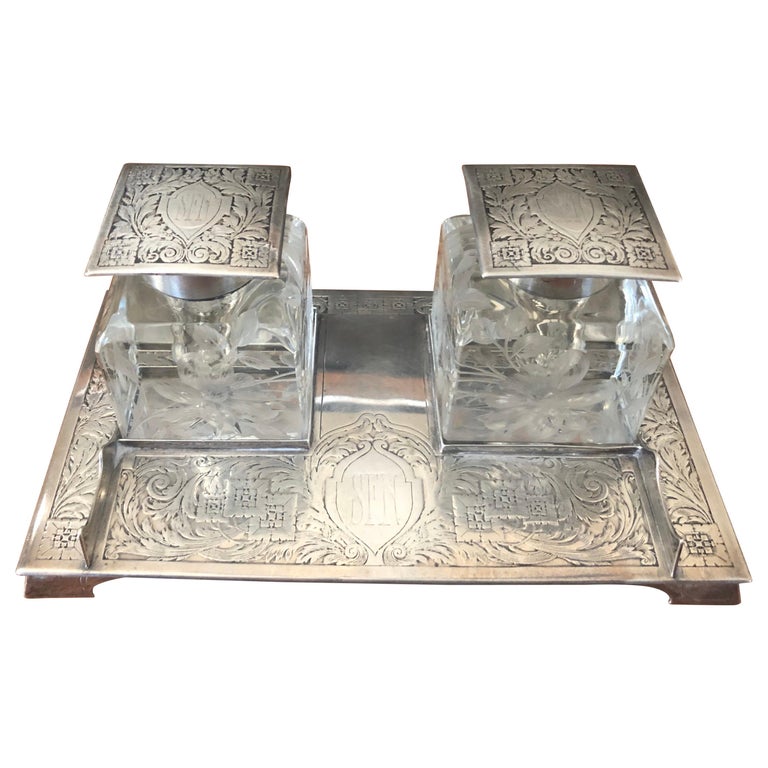 Antique Art Nouveau Double Inkwell on Sterling Silver Tray by J E