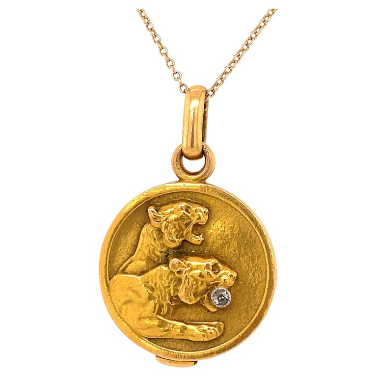 Antique Art Nouveau Double Lion Diamond 18K Yellow Gold Slide Locket ...