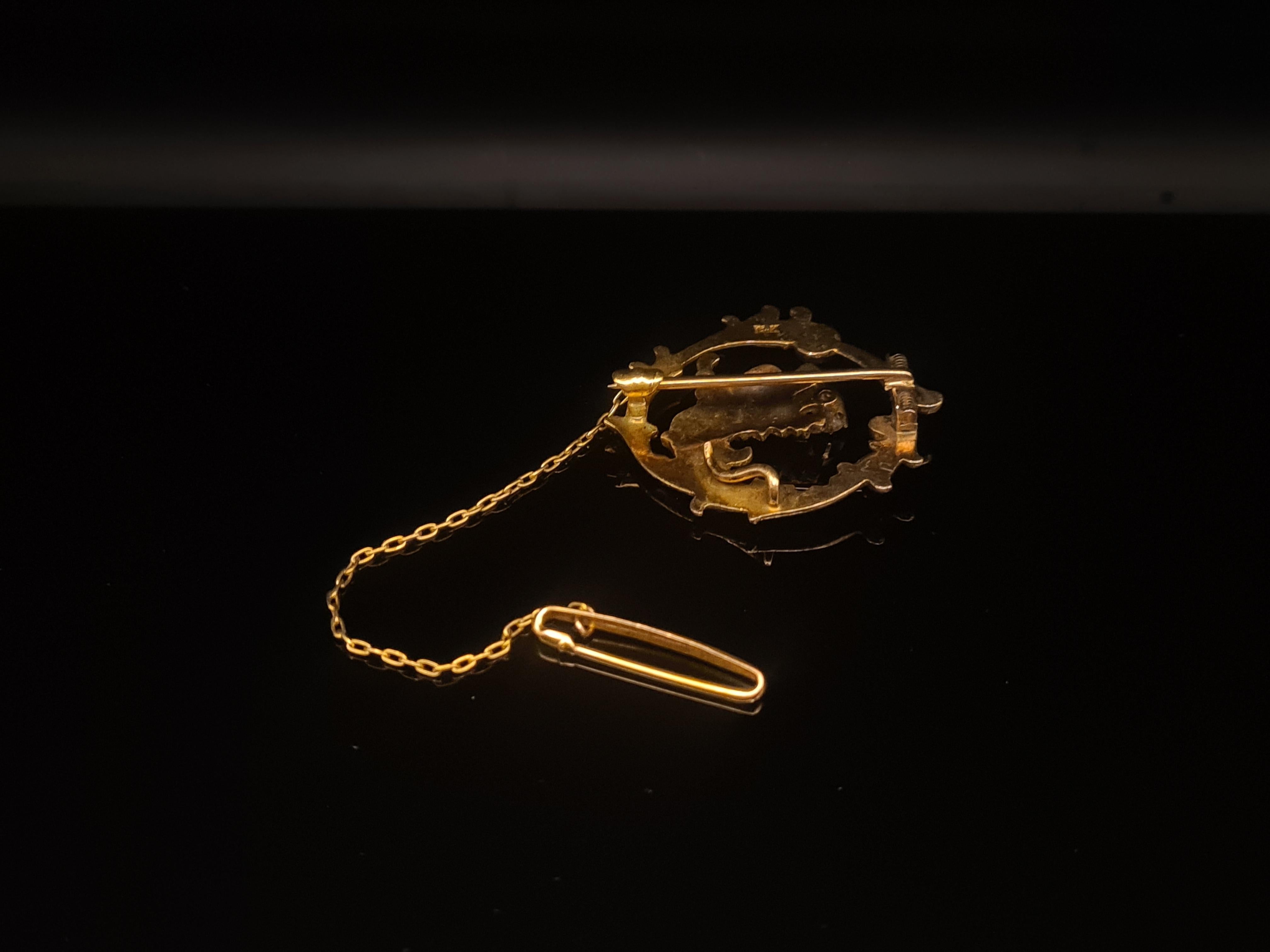 Women's Antique Art Nouveau Dragon Brooch, 14 Karat Yellow Gold with Diamond For Sale