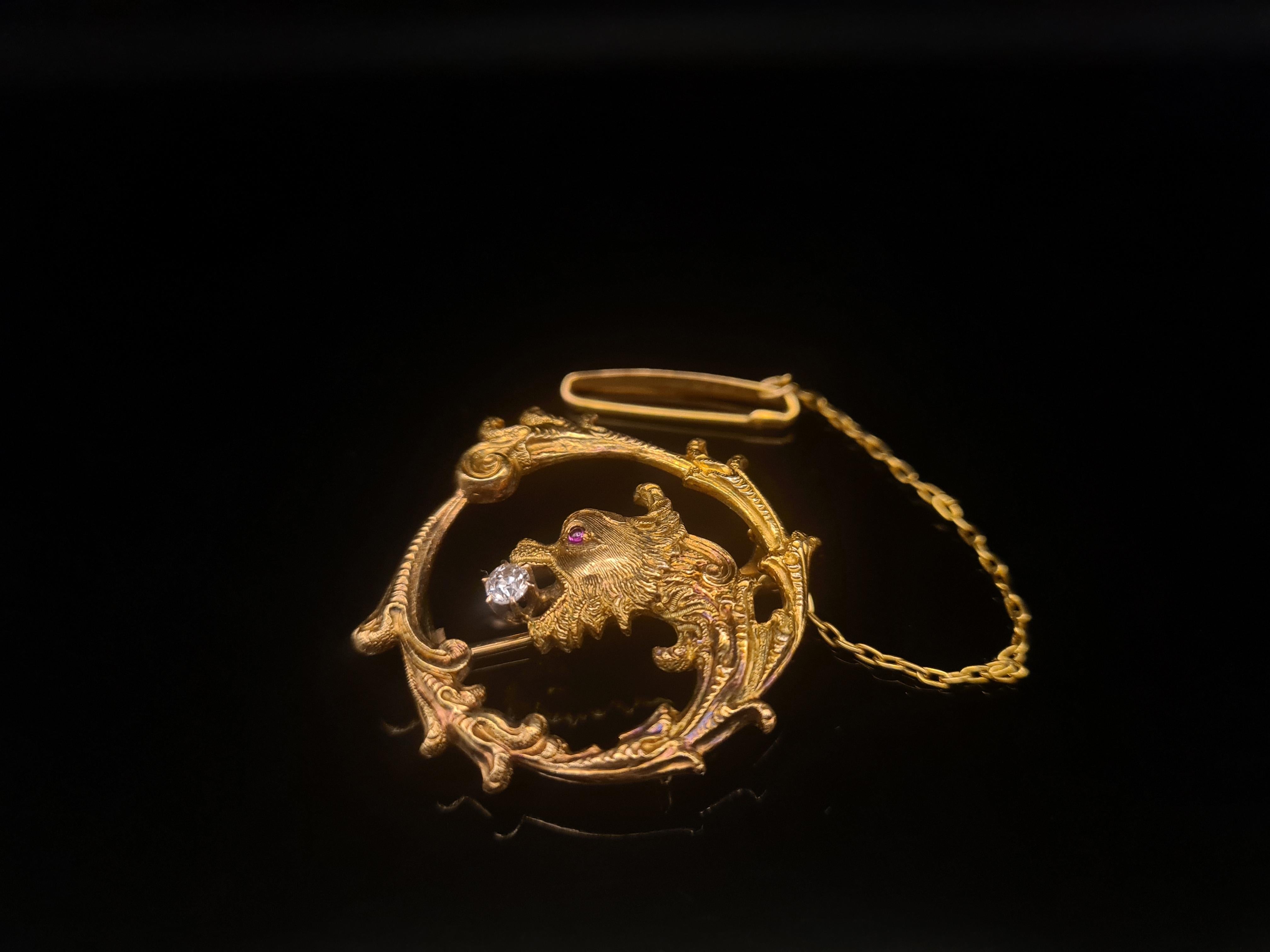 Antique Art Nouveau Dragon Brooch, 14 Karat Yellow Gold with Diamond For Sale 1
