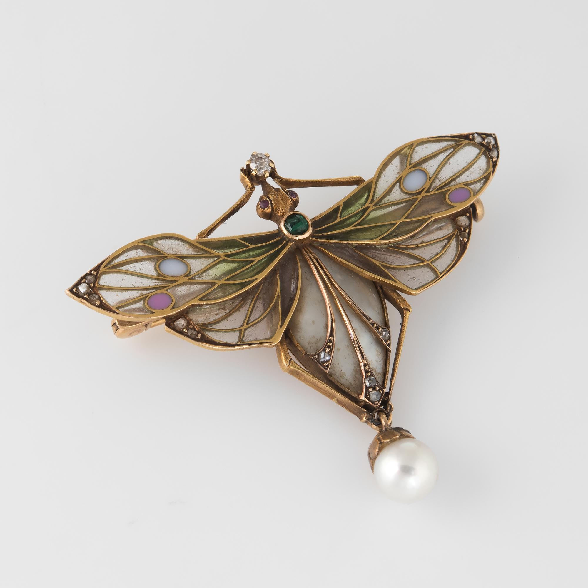 Antique Art Nouveau Dragonfly Plique-à-Jour Brooch 18k Gold Diamond Pearl Old In Good Condition In Torrance, CA
