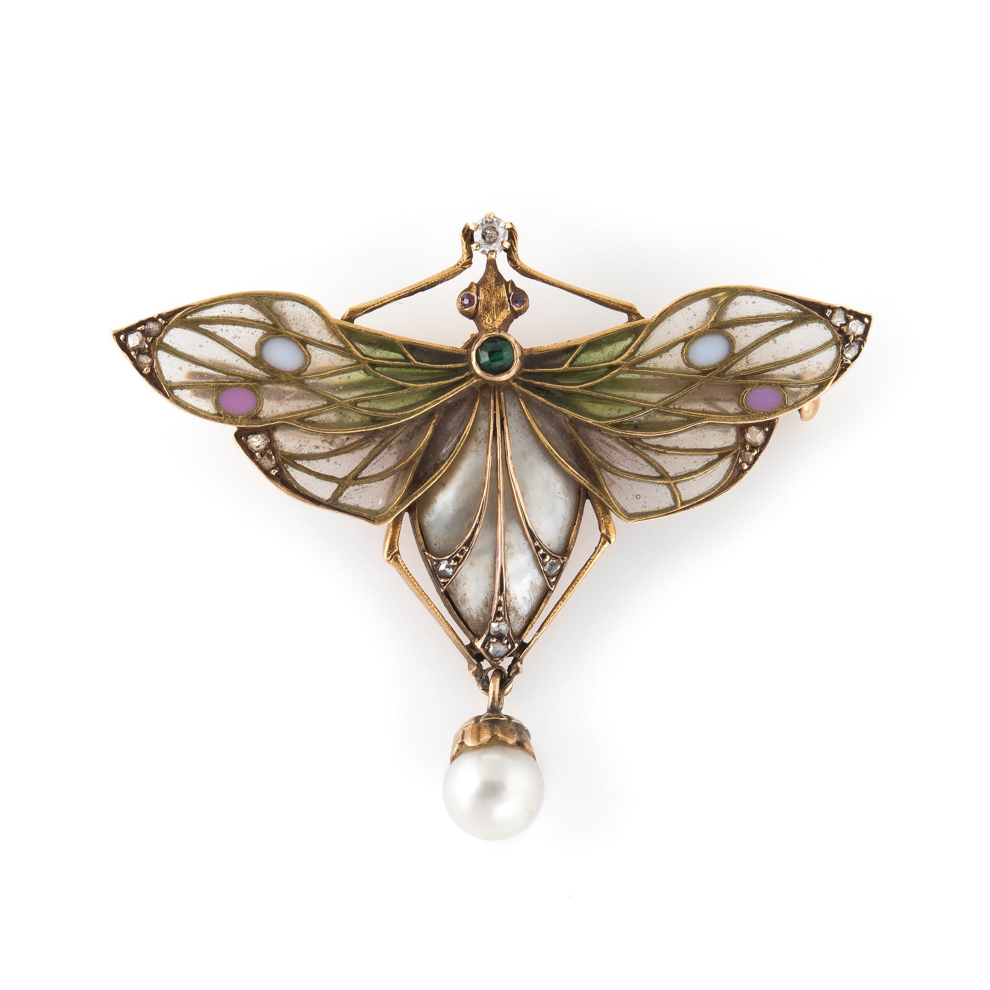 Women's Antique Art Nouveau Dragonfly Plique-à-Jour Brooch 18k Gold Diamond Pearl Old