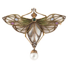 Antique Art Nouveau Dragonfly Plique-à-Jour Broche Or 18k Diamant Perle Vieux