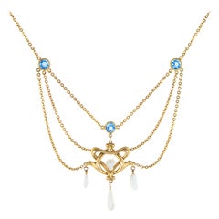 Antique Art Nouveau Drop Necklace Blue Sapphire Pearls 14 Karat Gold Vintage