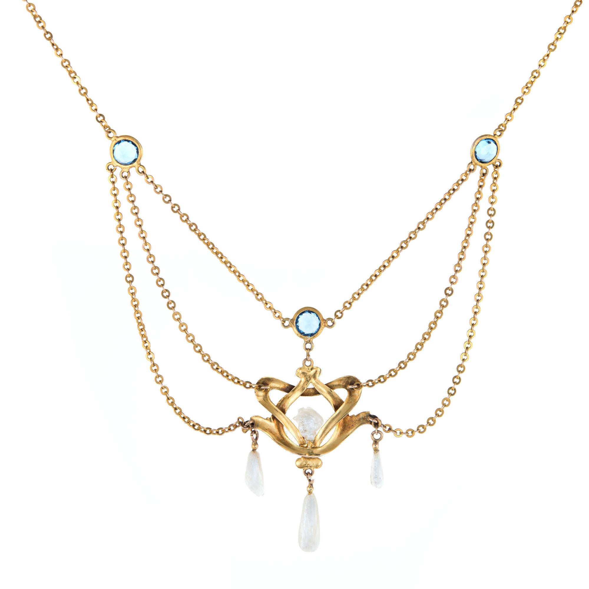 Elegant and finely detailed Art Nouveau era necklace (circa 1900s to 1910s), crafted in 14 karat yellow gold.  

Three blue sapphires measure 5mm each (0.50 carats each - 1.50 carats total estimated weight). Sawtooth pearls range in size from 12mm x