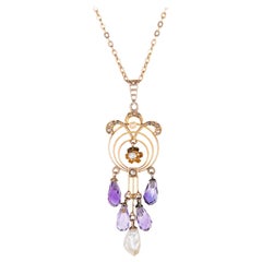 Antique Art Nouveau Drop Necklace Briolette Amethyst Diamond Pearls 10k Gold