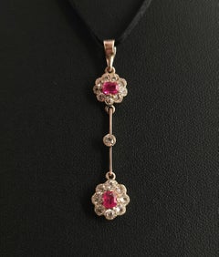Antique Art Nouveau Drop Pendant Ruby and Zircon, Floral