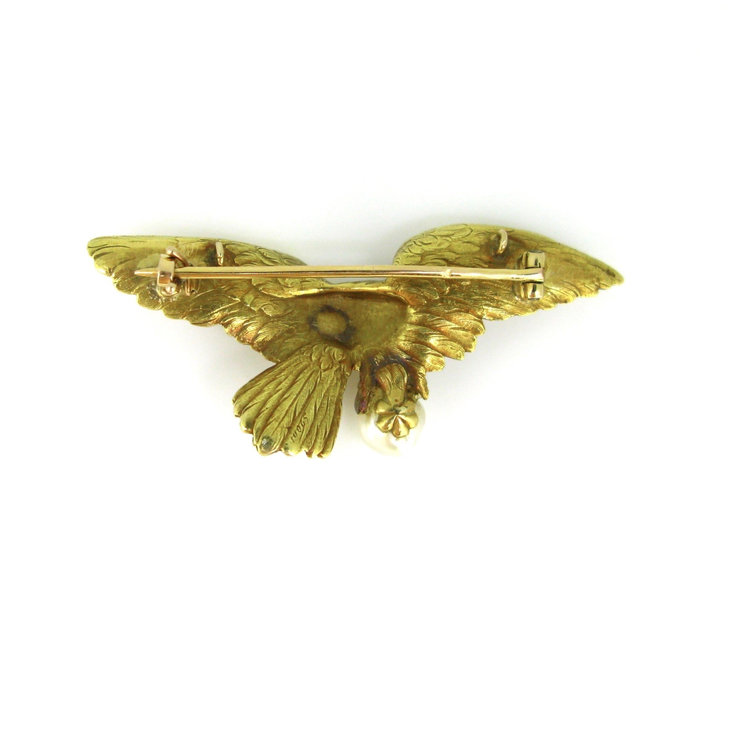 Antique Art Nouveau Eagle Pearl Brooch Pendant, 18kt Yellow Gold, circa 1905 In Good Condition In London, GB