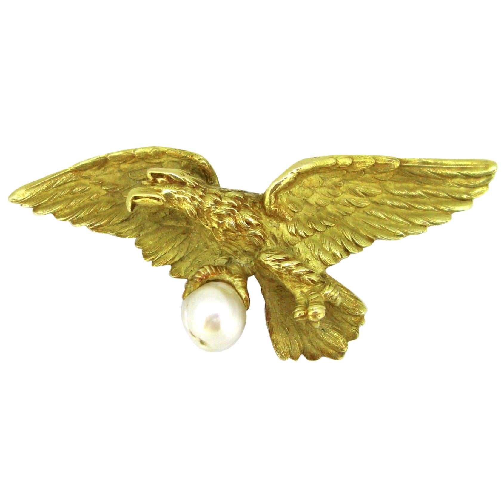 Antique Art Nouveau Eagle Pearl Brooch Pendant, 18kt Yellow Gold, circa 1905