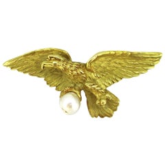 Antique Art Nouveau Eagle Pearl Brooch Pendant, 18kt Yellow Gold, circa 1905