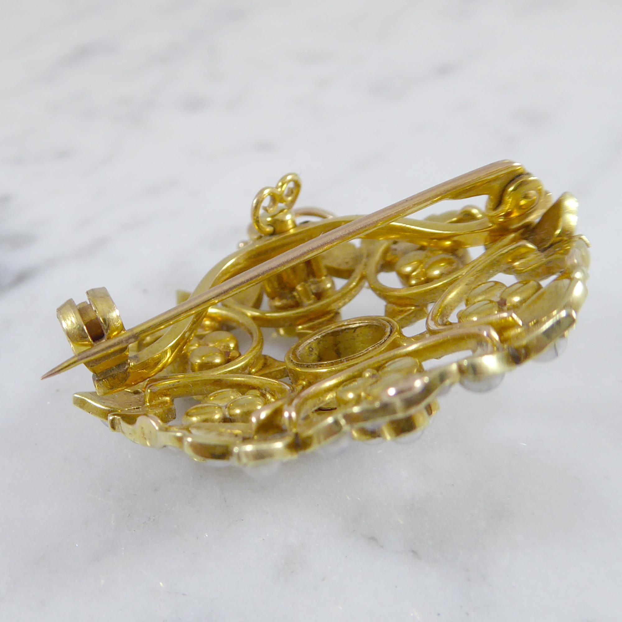 Antique Art Nouveau Edwardian Pearl Pendant Brooch, 15 Carat Gold 4