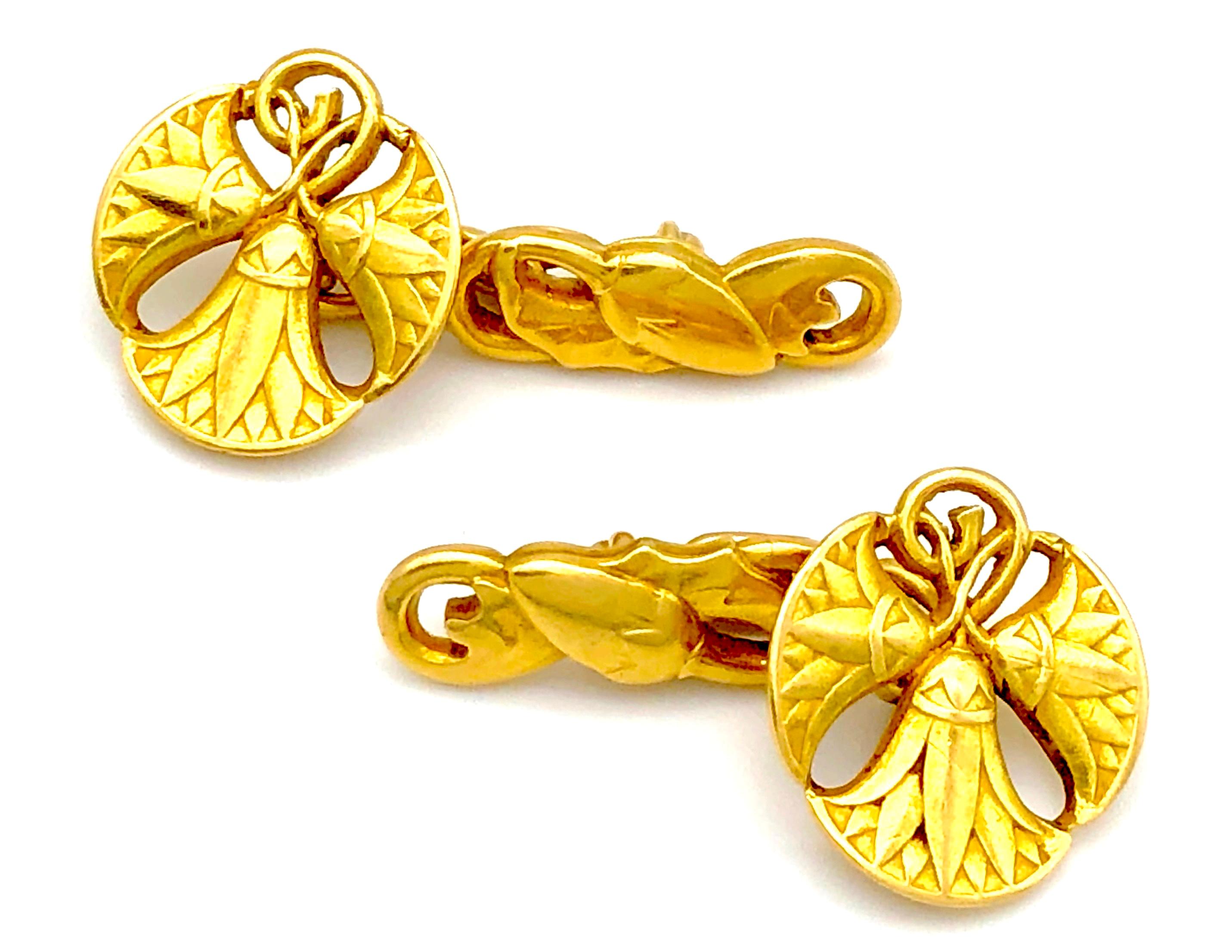 18 Carat Gold 1895 Art Nouveau Egyptian Revival Lotus Flowers France Cufflinks In Excellent Condition In Munich, Bavaria