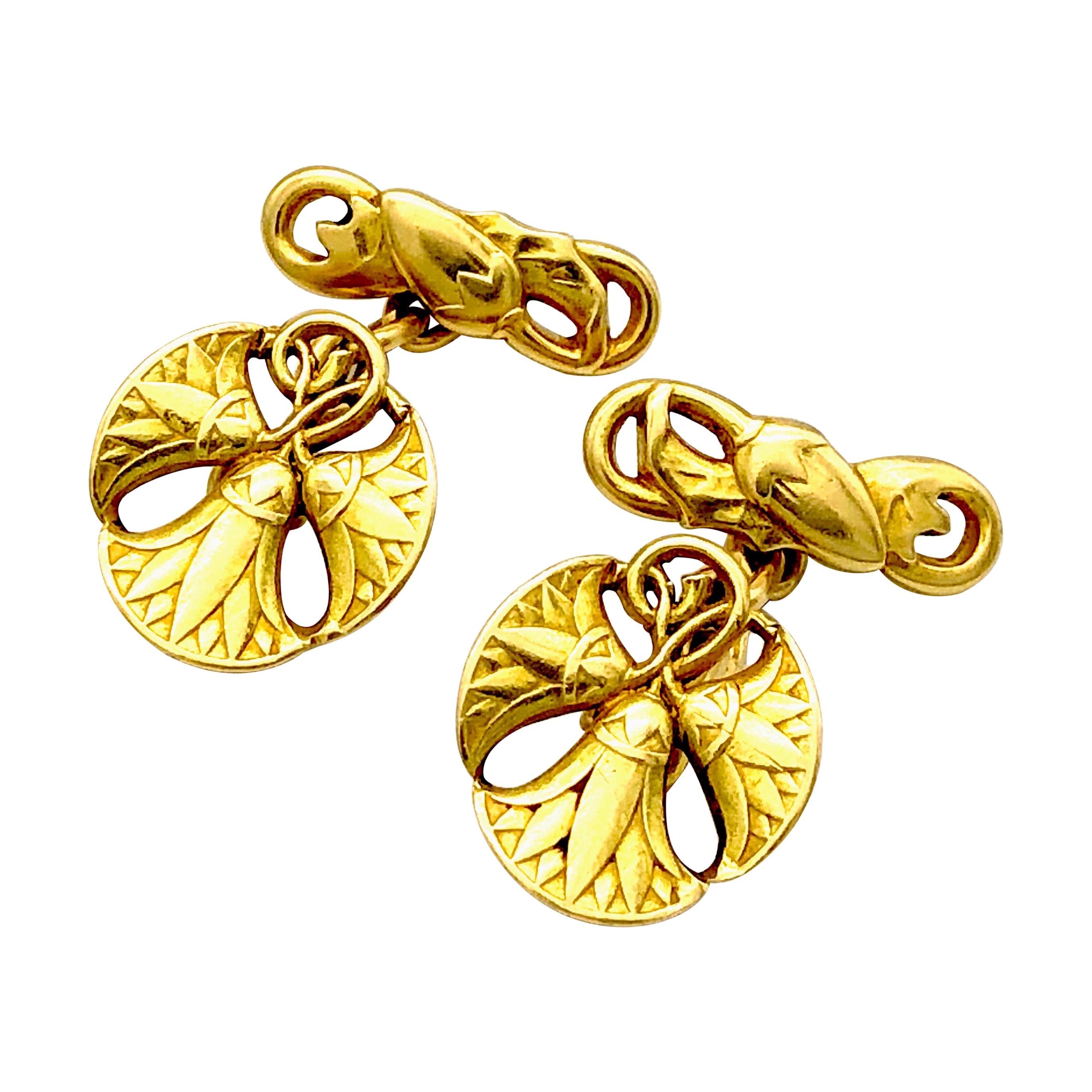 18 Carat Gold 1895 Art Nouveau Egyptian Revival Lotus Flowers France Cufflinks