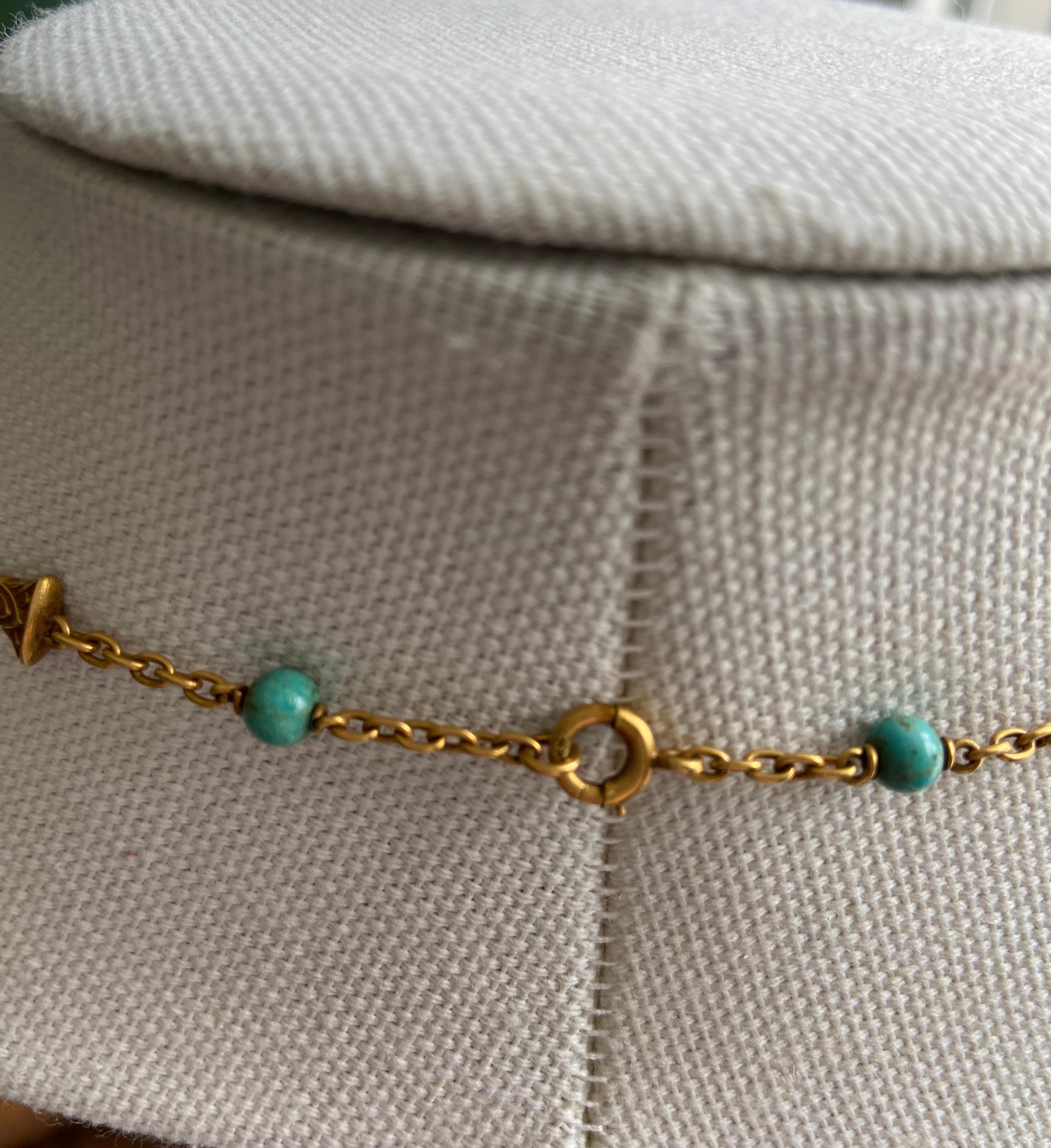 Antique Art Nouveau Egyptian Revival Turquoise and 18 Karat Negligee Necklace For Sale 5