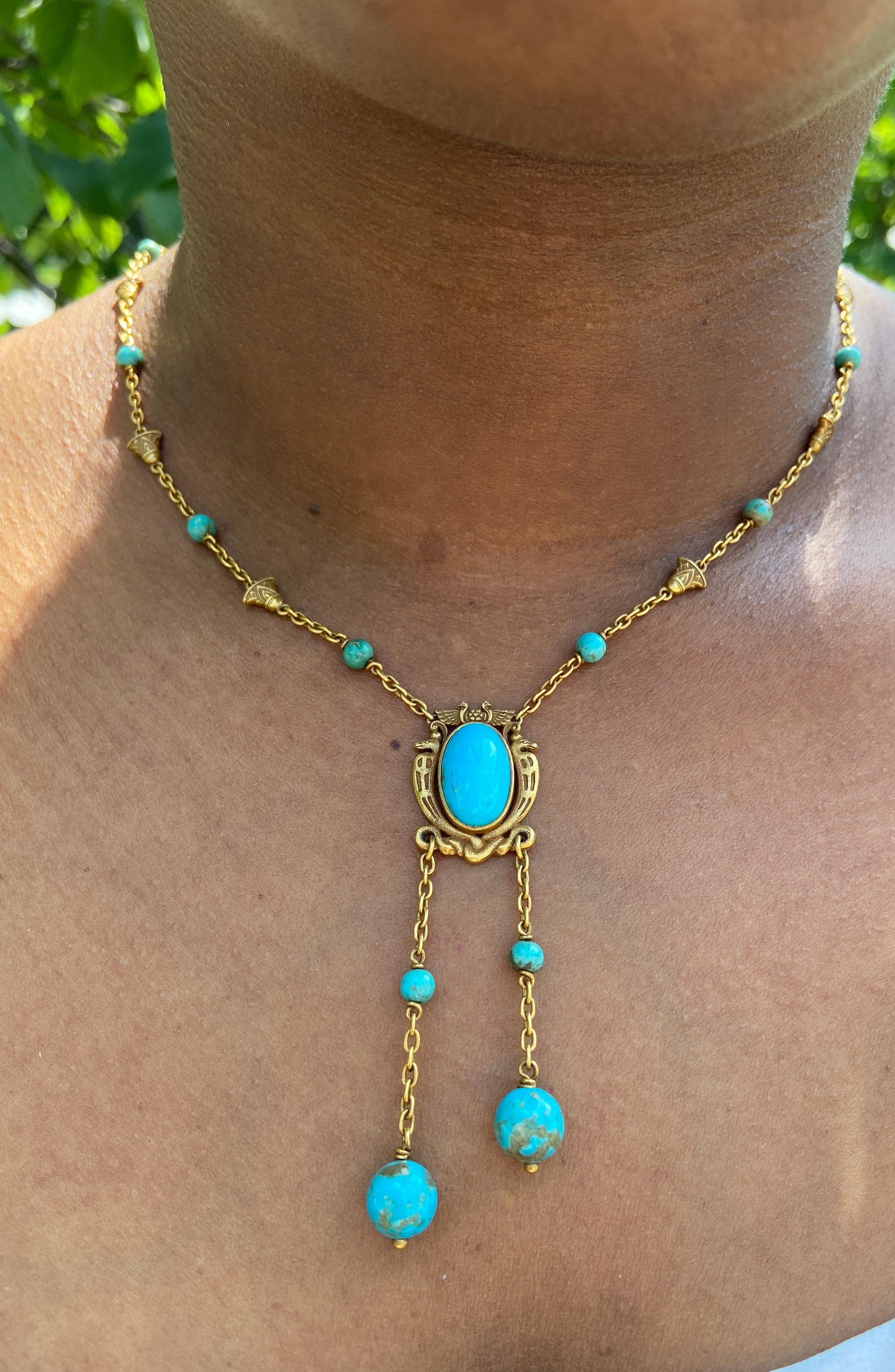 Antique Art Nouveau Egyptian Revival Turquoise and 18 Karat Negligee Necklace For Sale 6