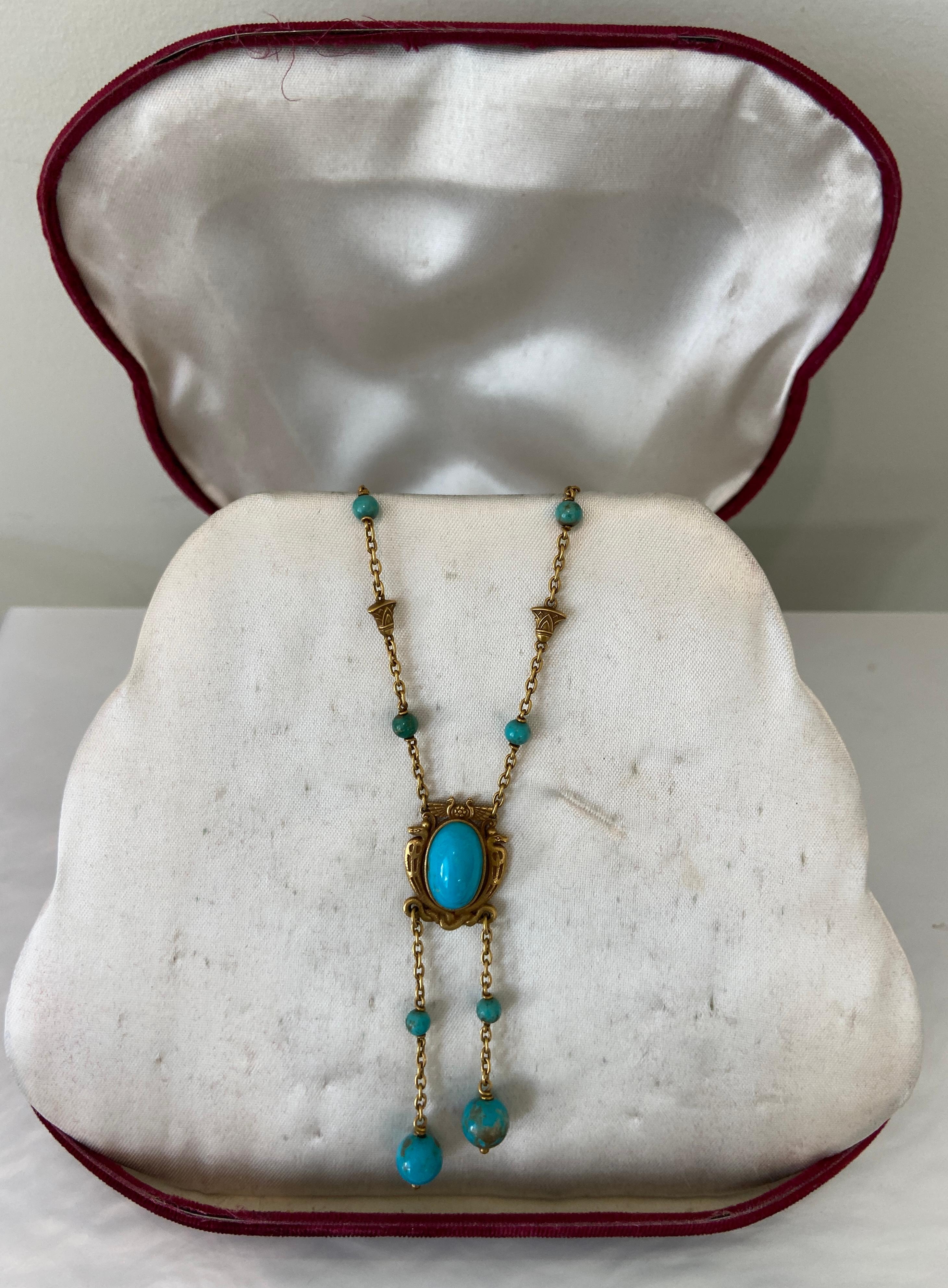 Antique Art Nouveau Egyptian Revival Turquoise and 18 Karat Negligee Necklace For Sale 7