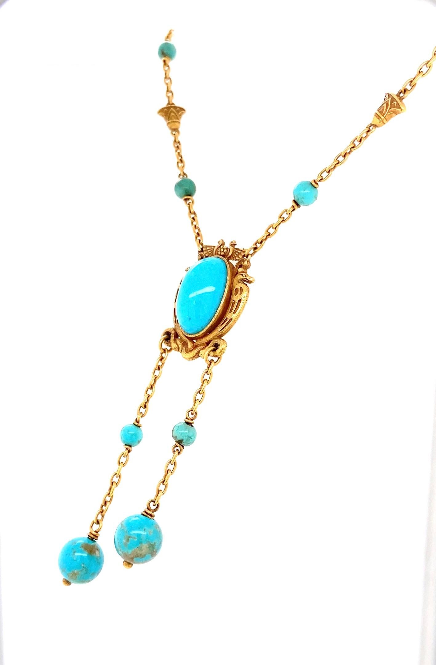 Cabochon Antique Art Nouveau Egyptian Revival Turquoise and 18 Karat Negligee Necklace For Sale
