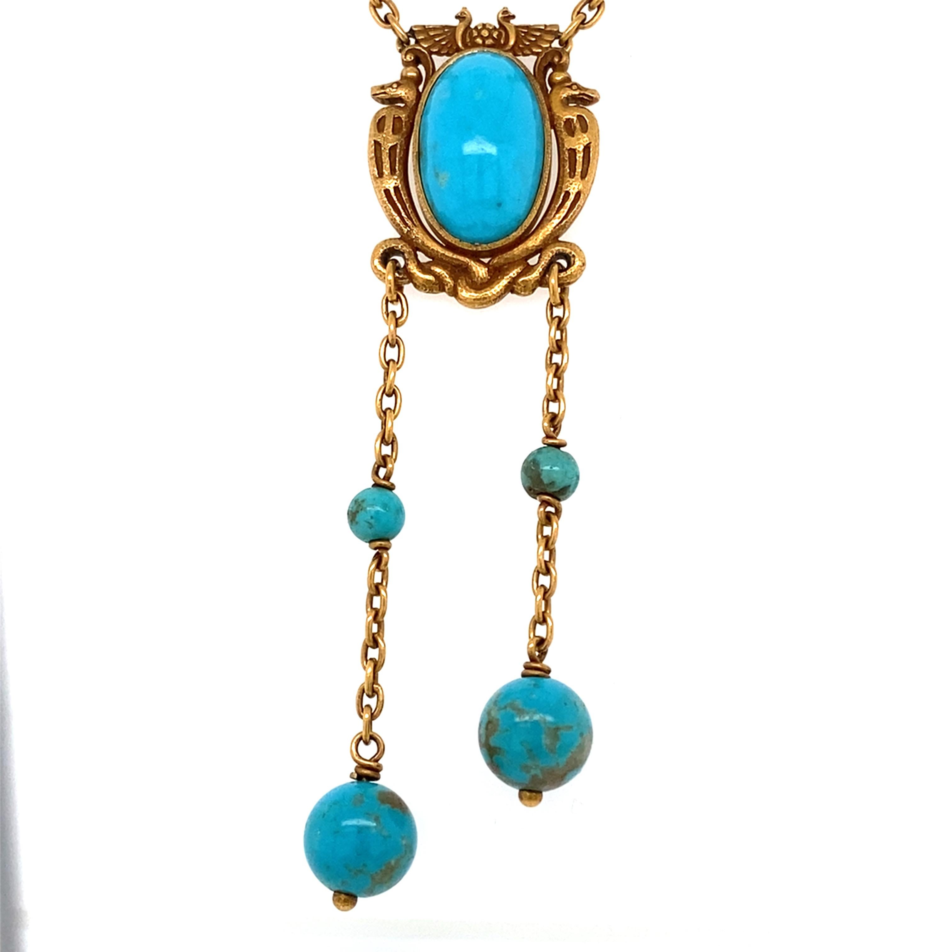 Antique Art Nouveau Egyptian Revival Turquoise and 18 Karat Negligee Necklace In Good Condition For Sale In Towson, MD