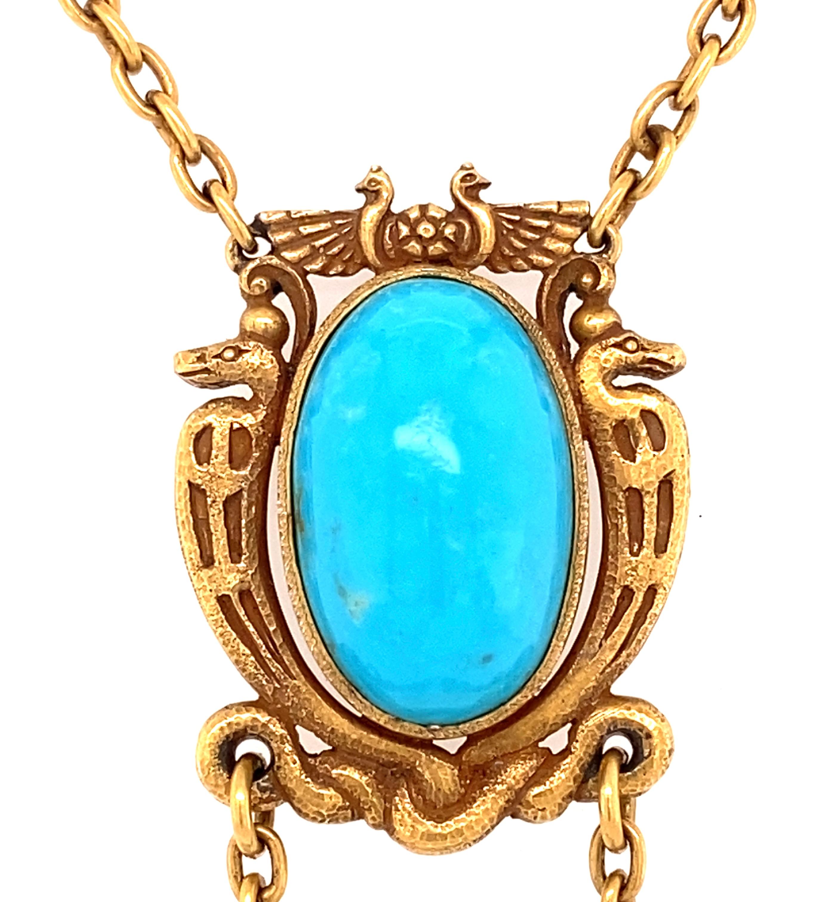 Women's or Men's Antique Art Nouveau Egyptian Revival Turquoise and 18 Karat Negligee Necklace For Sale