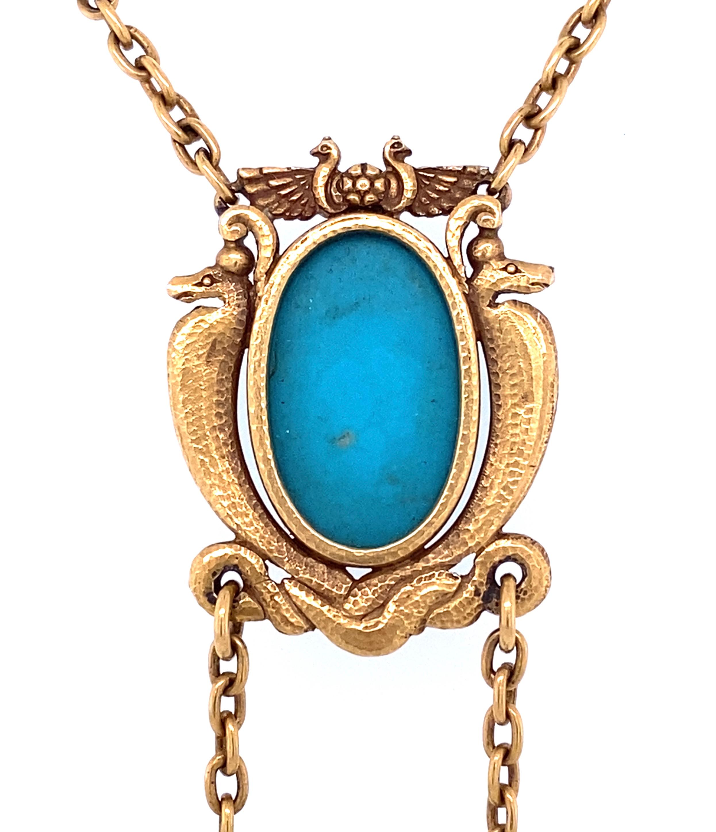 Antique Art Nouveau Egyptian Revival Turquoise and 18 Karat Negligee Necklace For Sale 1