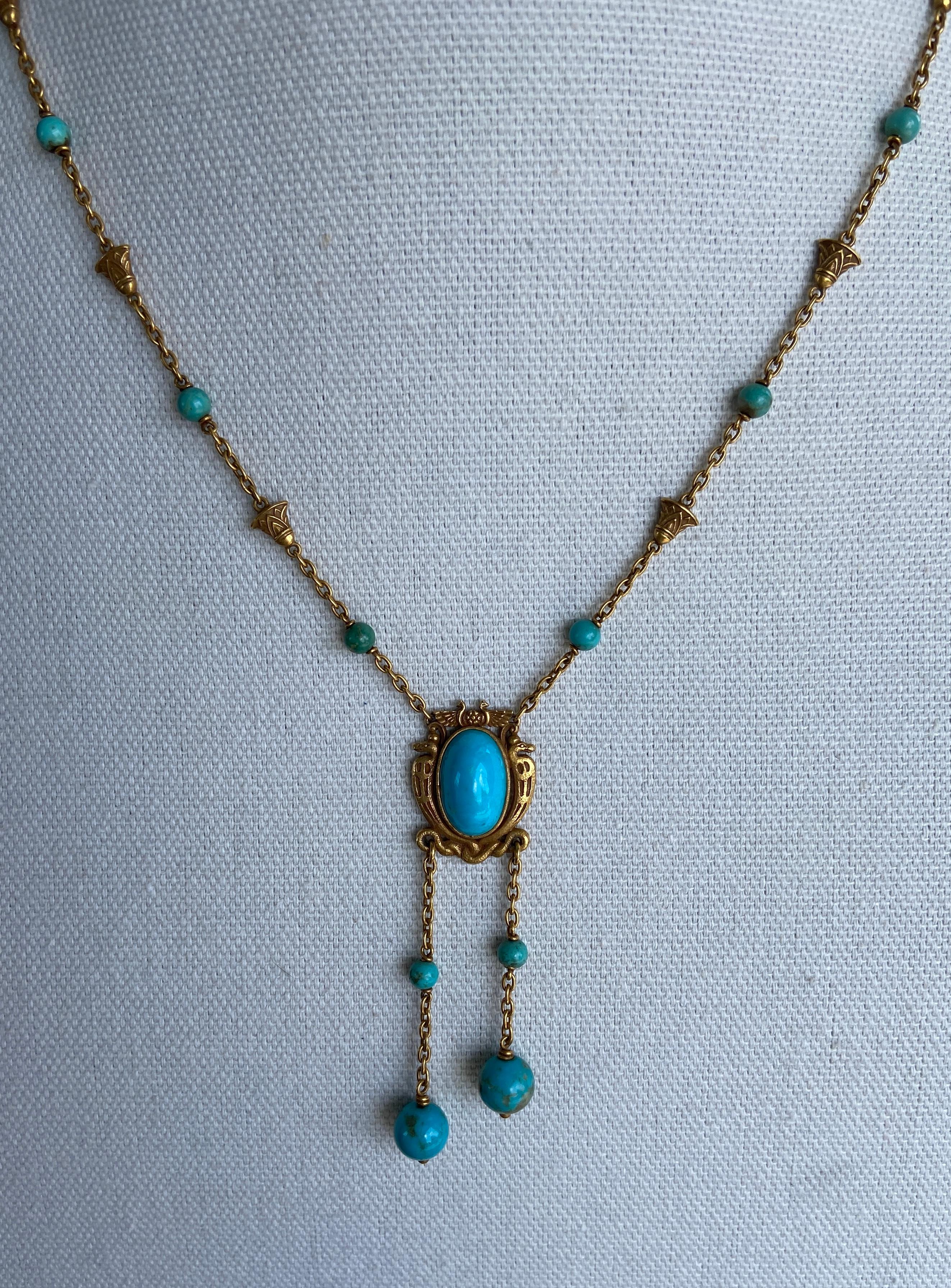 Antique Art Nouveau Egyptian Revival Turquoise and 18 Karat Negligee Necklace For Sale 3