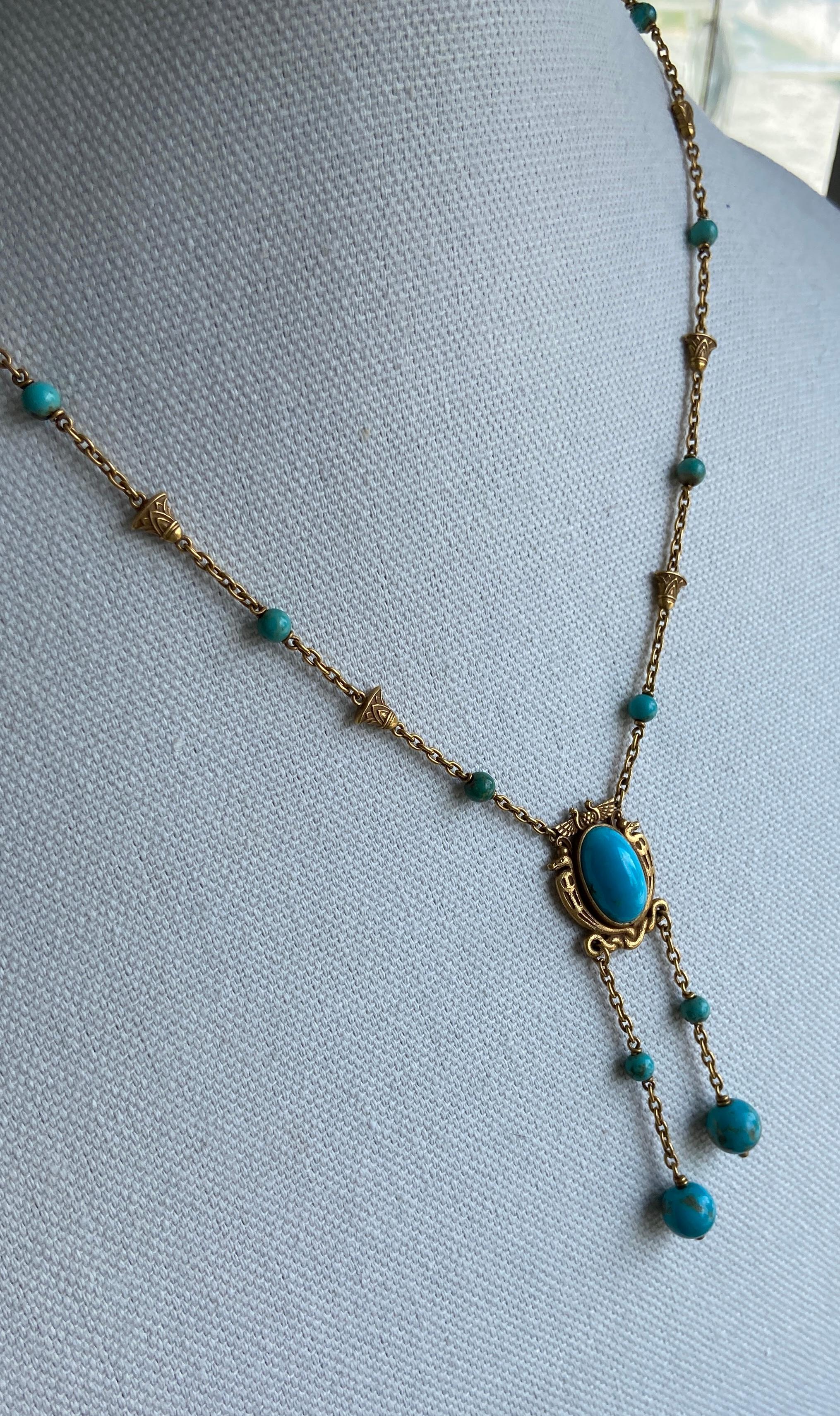 Antique Art Nouveau Egyptian Revival Turquoise and 18 Karat Negligee Necklace For Sale 4