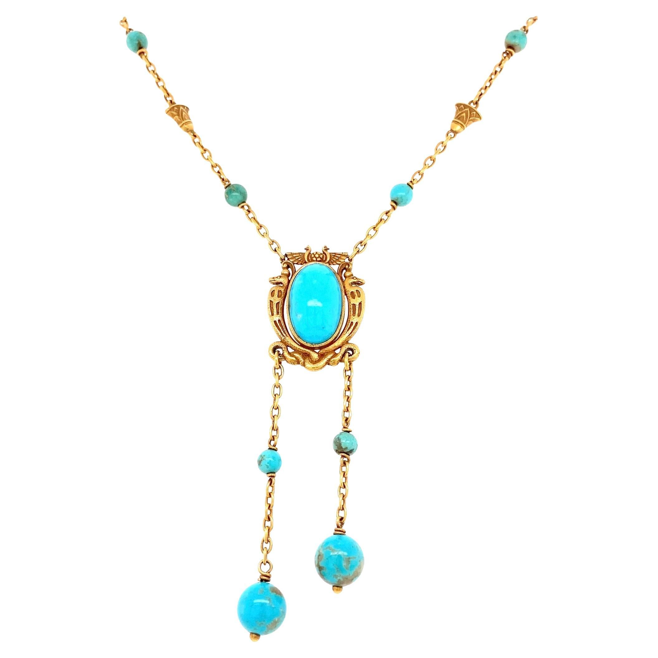 Antique Art Nouveau Egyptian Revival Turquoise and 18 Karat Negligee Necklace For Sale