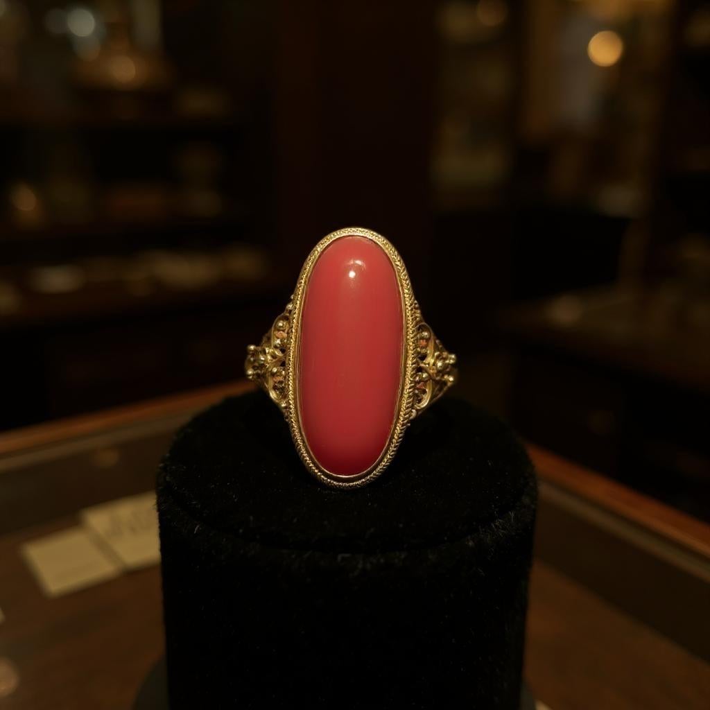 Women's Antique Art Nouveau Elongated Coral Ring in 14kt Yellow Gold Filigr For Sale