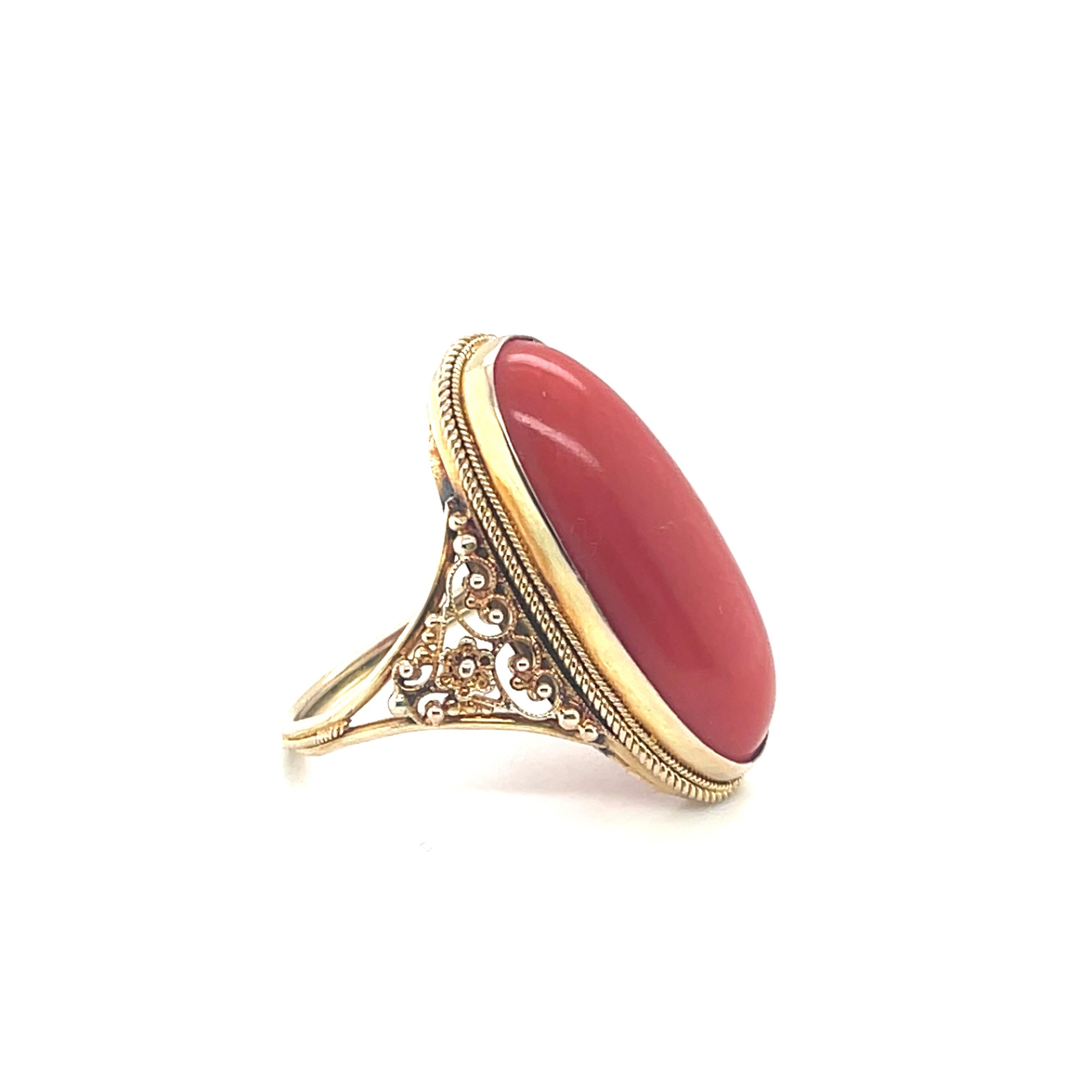 Antique Art Nouveau Elongated Coral Ring in 14kt Yellow Gold Filigr For Sale 2