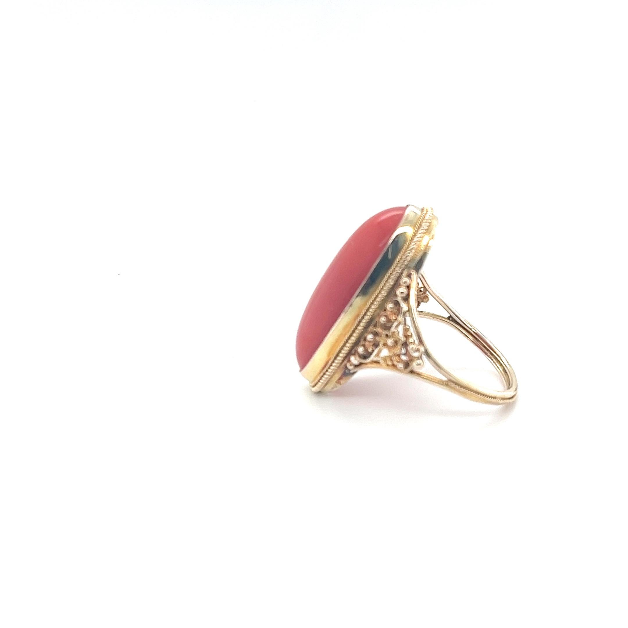 Antique Art Nouveau Elongated Coral Ring in 14kt Yellow Gold Filigr For Sale 3