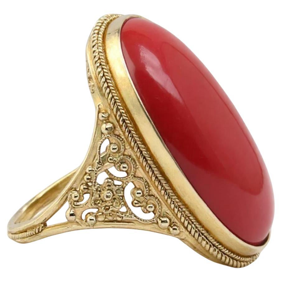 Antique Art Nouveau Elongated Coral Ring in 14kt Yellow Gold Filigr For Sale