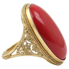 Antique Art Nouveau Elongated Coral Ring in 14kt Yellow Gold Filigr