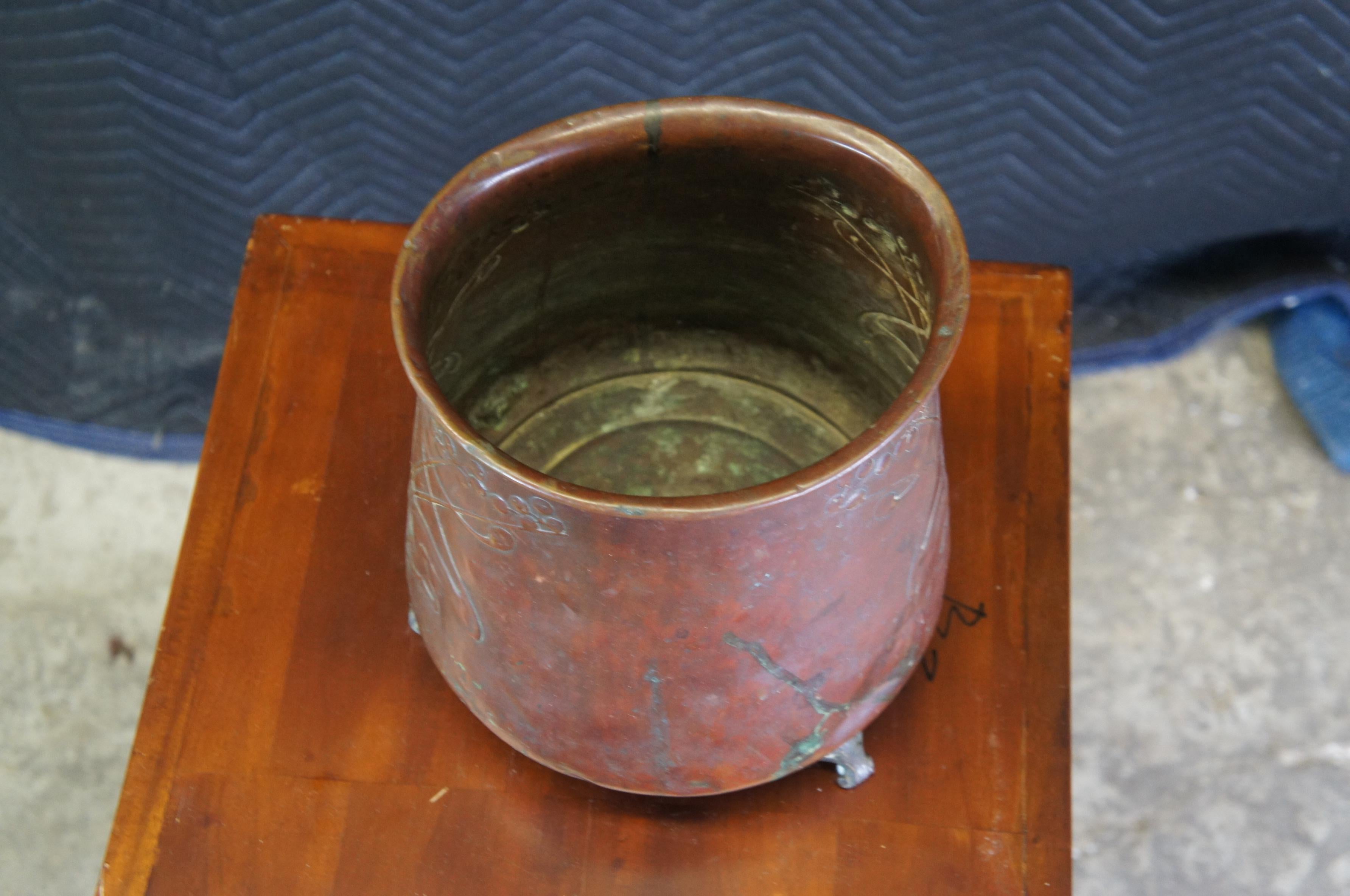 20th Century Antique Art Nouveau Embossed Copper Footed Planter Jardiniere Bucket Cachpot