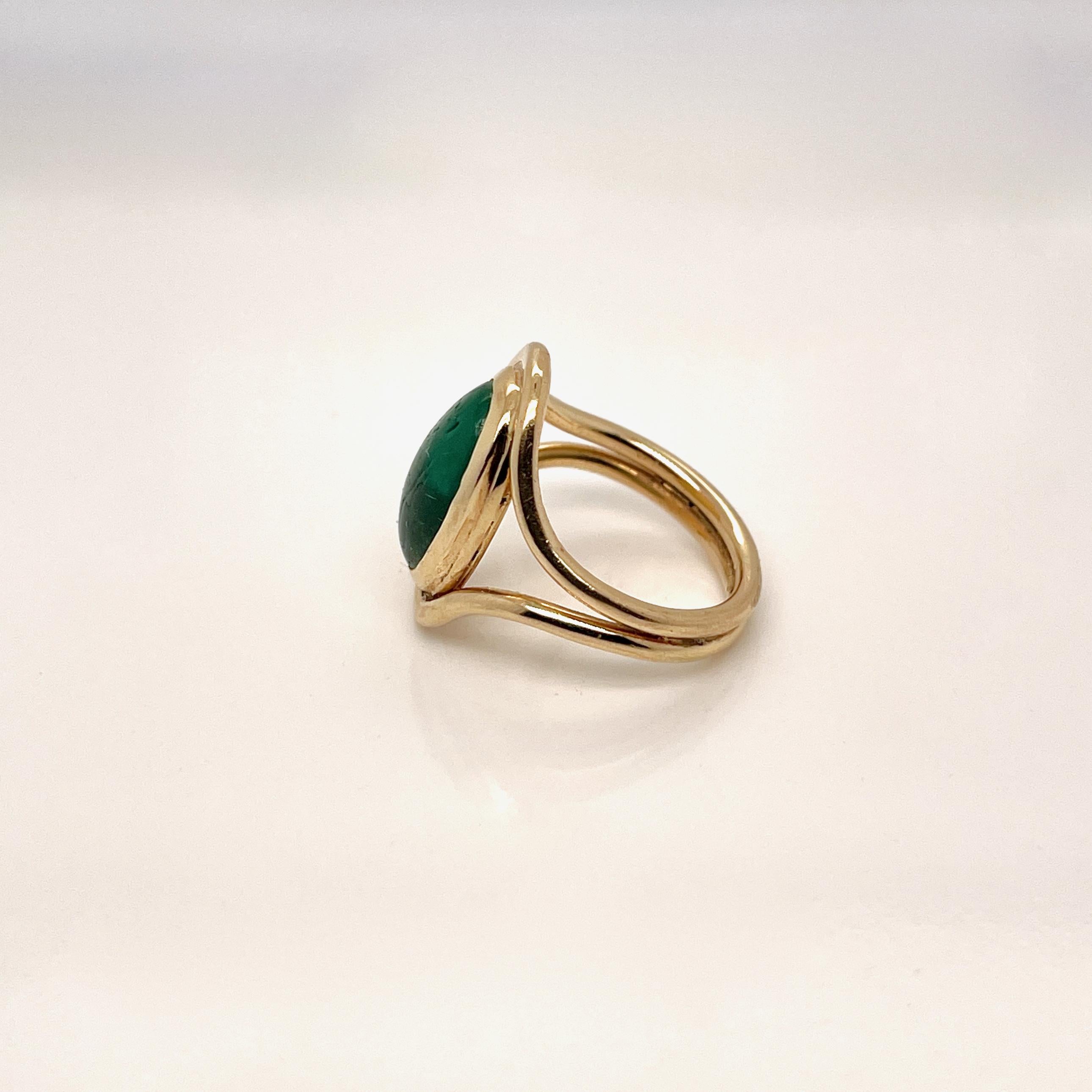 Antique Art Nouveau Emerald & 14 Karat Gold Signet Ring In Good Condition For Sale In Philadelphia, PA
