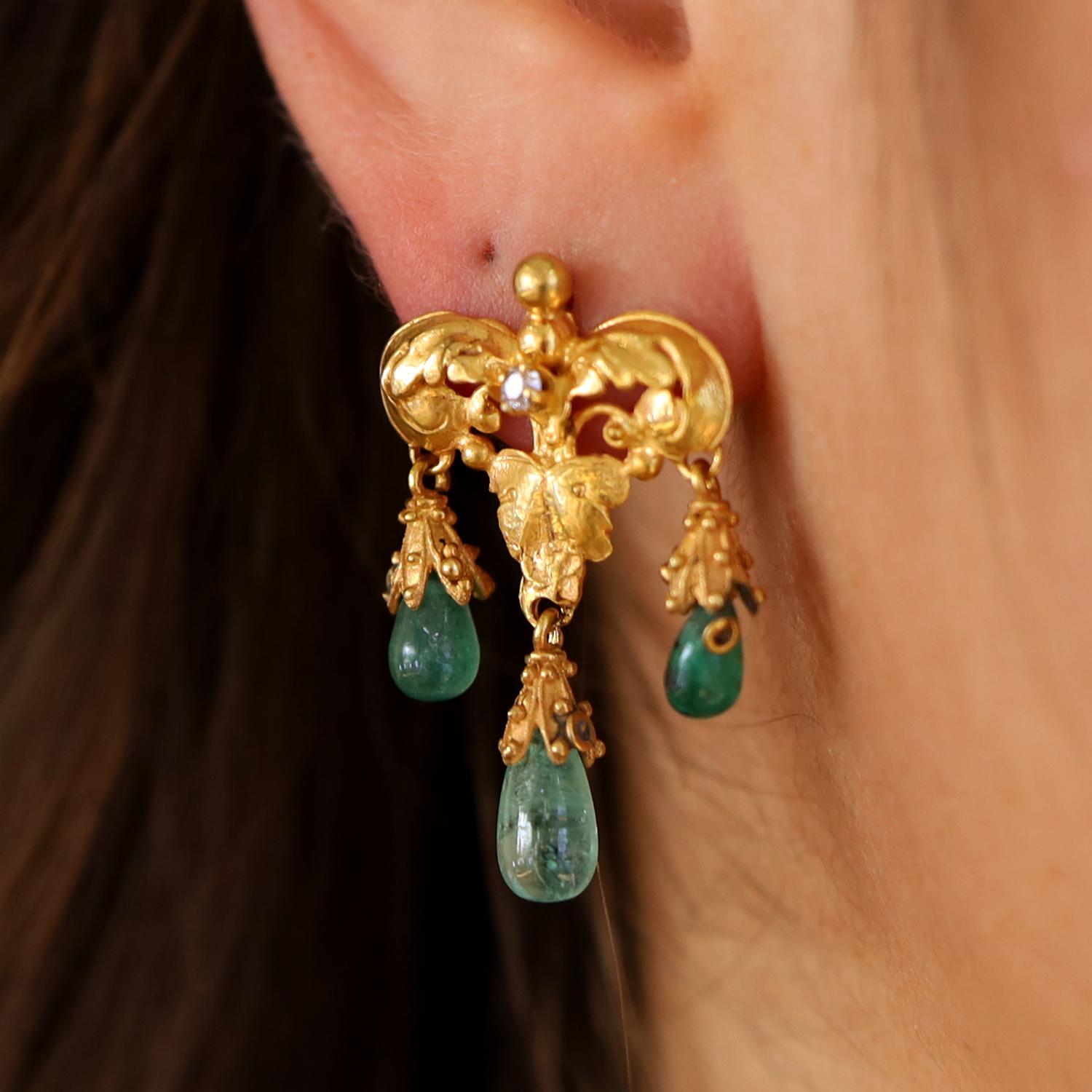 Cabochon Antique Art Nouveau Emerald & 18k Gold Dangle Earrings For Sale
