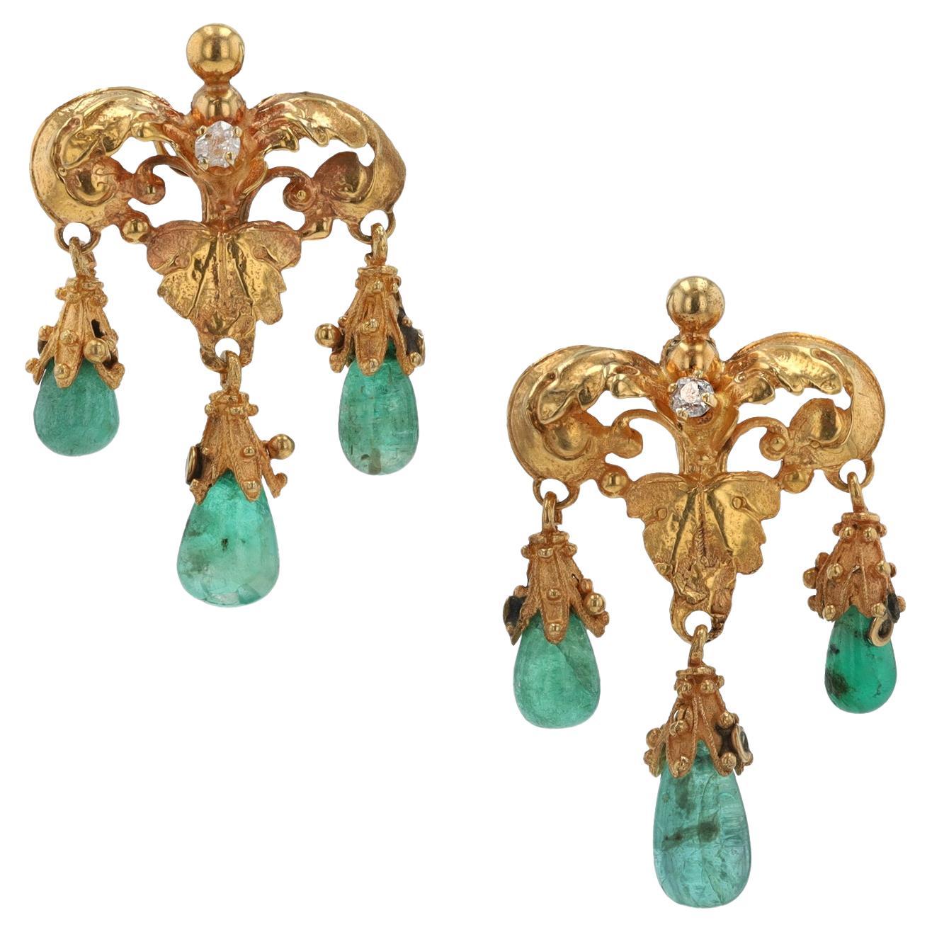 Antique Art Nouveau Emerald & 18k Gold Dangle Earrings For Sale