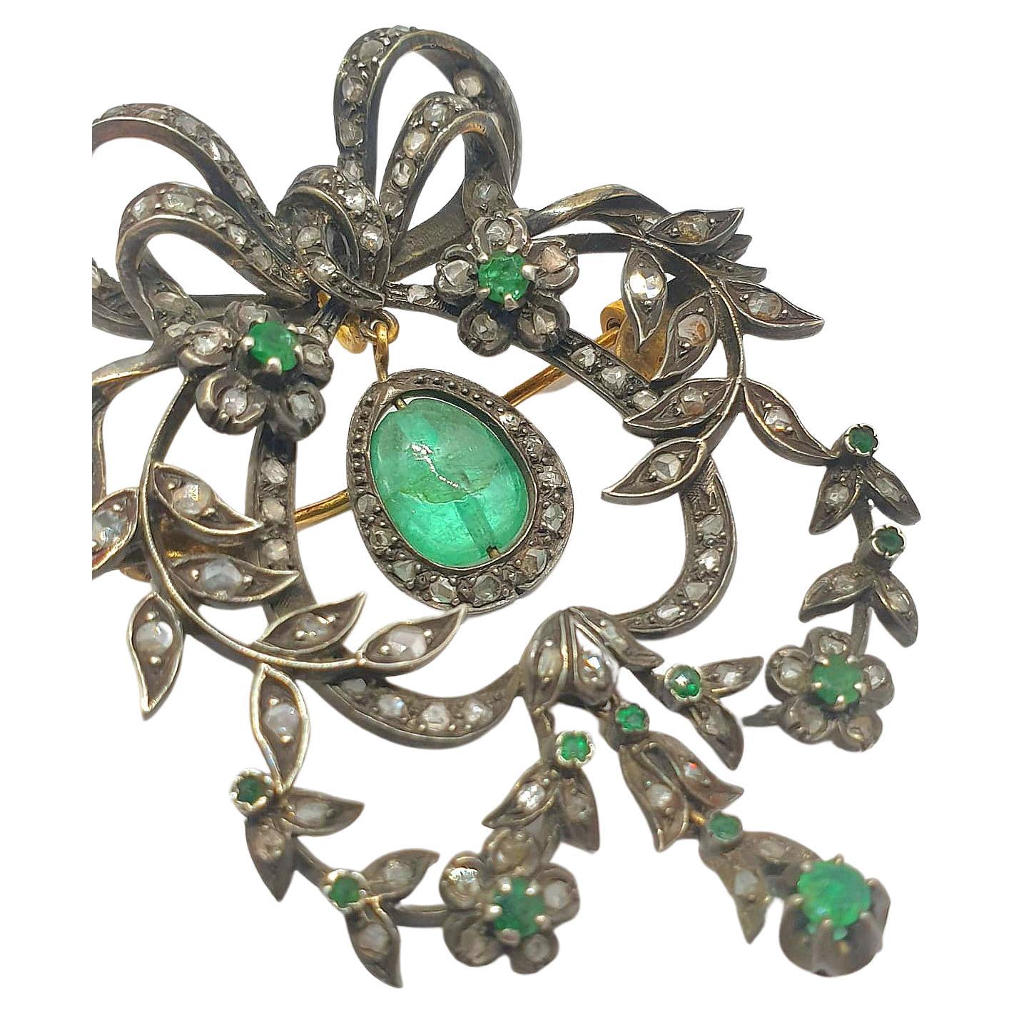 Antiker Jugendstil-Anhänger und Brosche mit Smaragd und Diamant (Art nouveau) im Angebot
