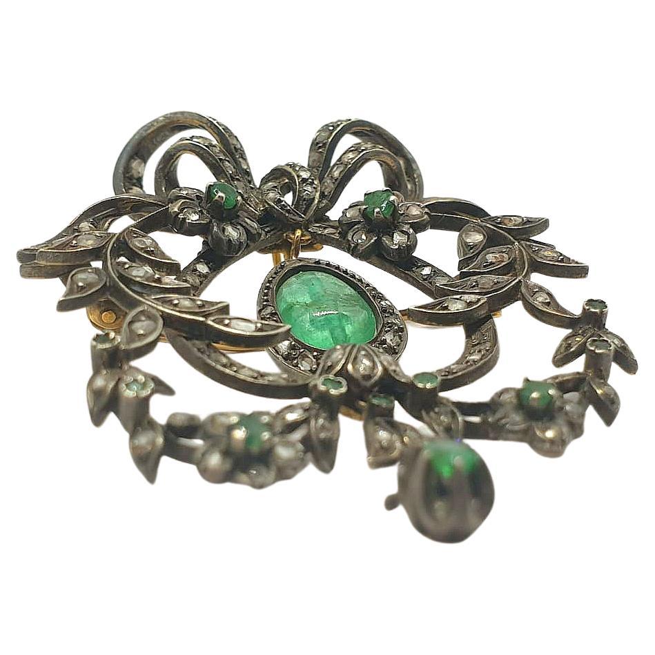 Women's Antique Art Nouveau Emerald and Diamond Pendant and Brooch For Sale
