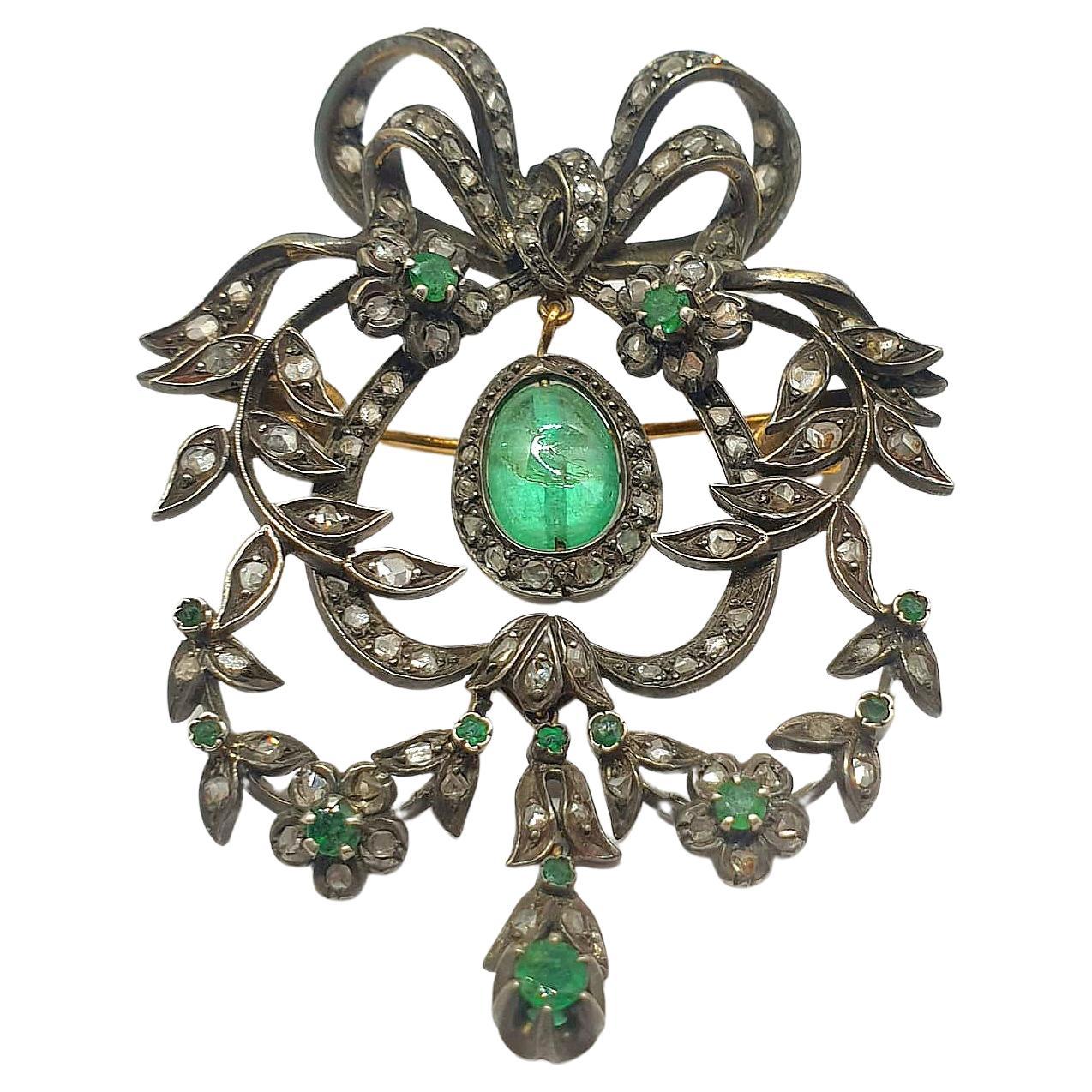 Antique Art Nouveau Emerald and Diamond Pendant and Brooch For Sale