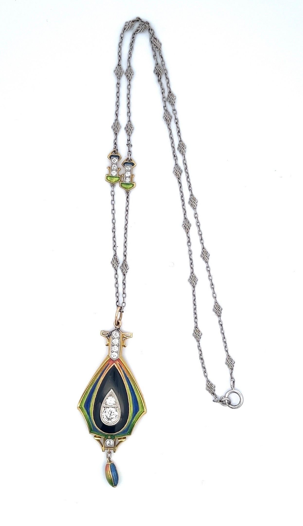 Antique Art Nouveau Enamel Platinum and 18 Karat Gold Diamond Necklace For Sale 2
